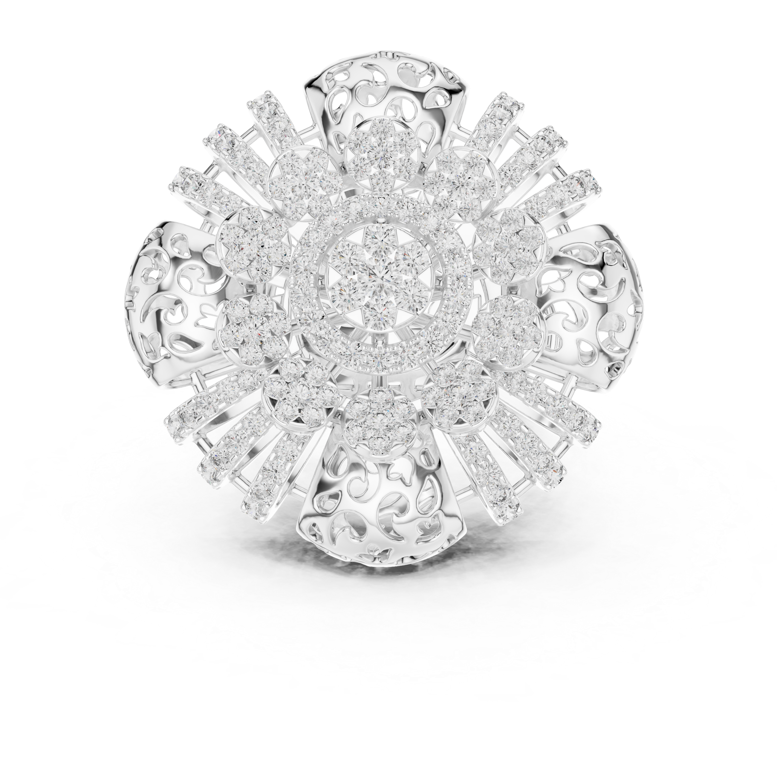 Ornate Floral Mandala Cocktail Ring with Multi-Tier Micro-Pave Details