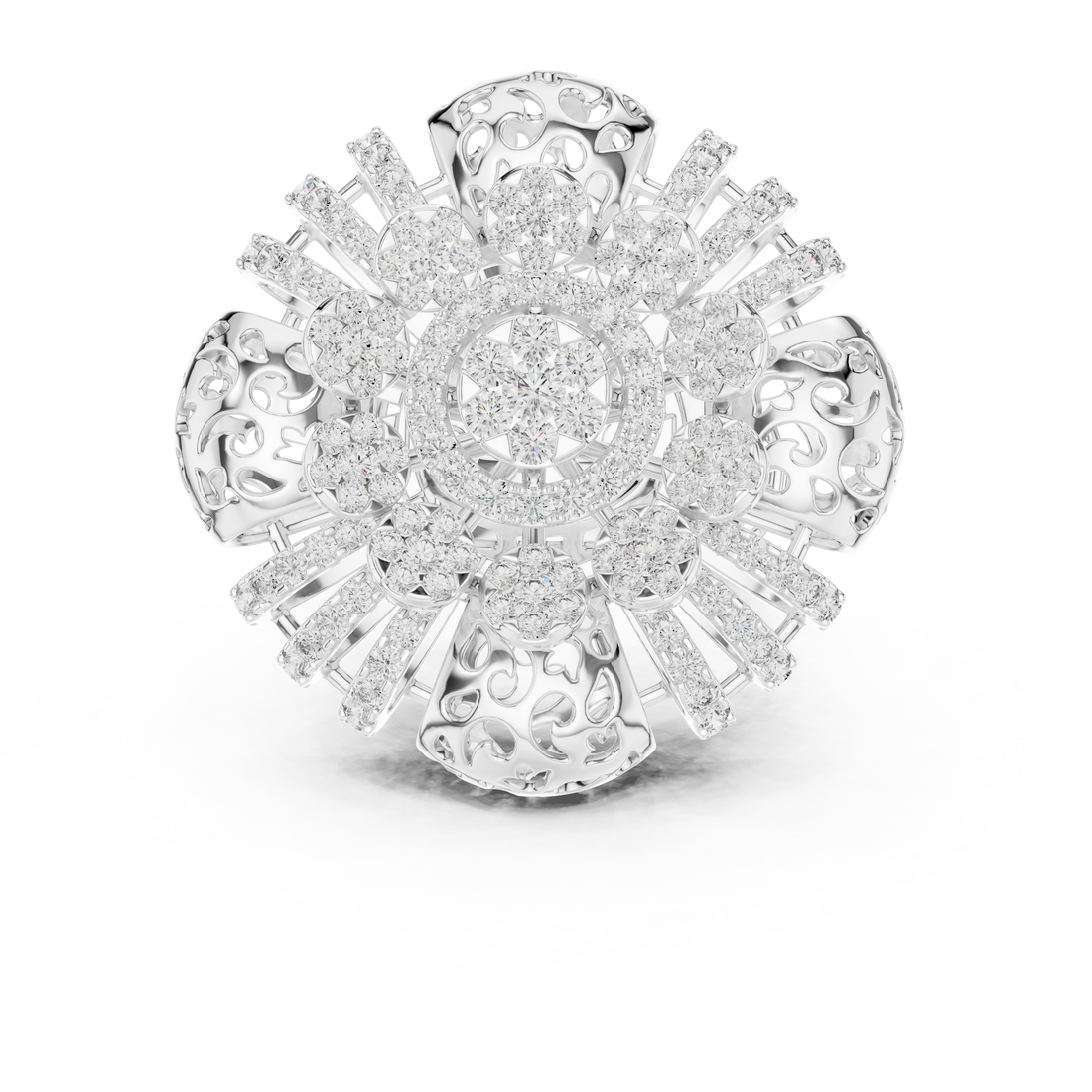 Ornate Floral Mandala Cocktail Ring with Multi-Tier Micro-Pave Details