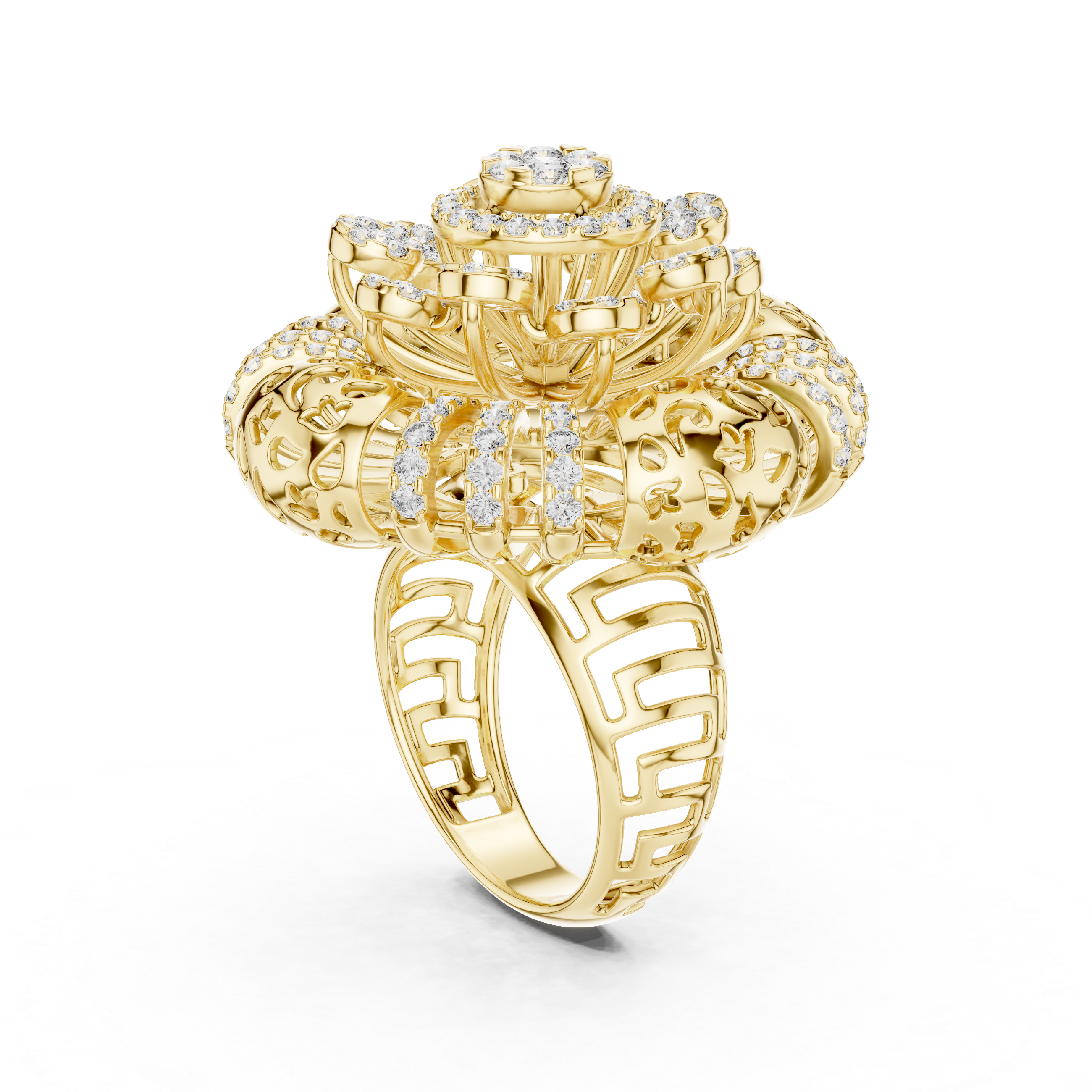 Ornate Floral Mandala Cocktail Ring with Multi-Tier Micro-Pave Details