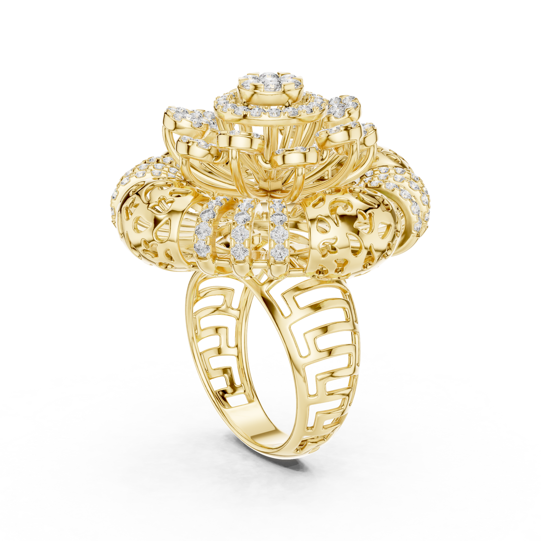 Ornate Floral Mandala Cocktail Ring with Multi-Tier Micro-Pave Details