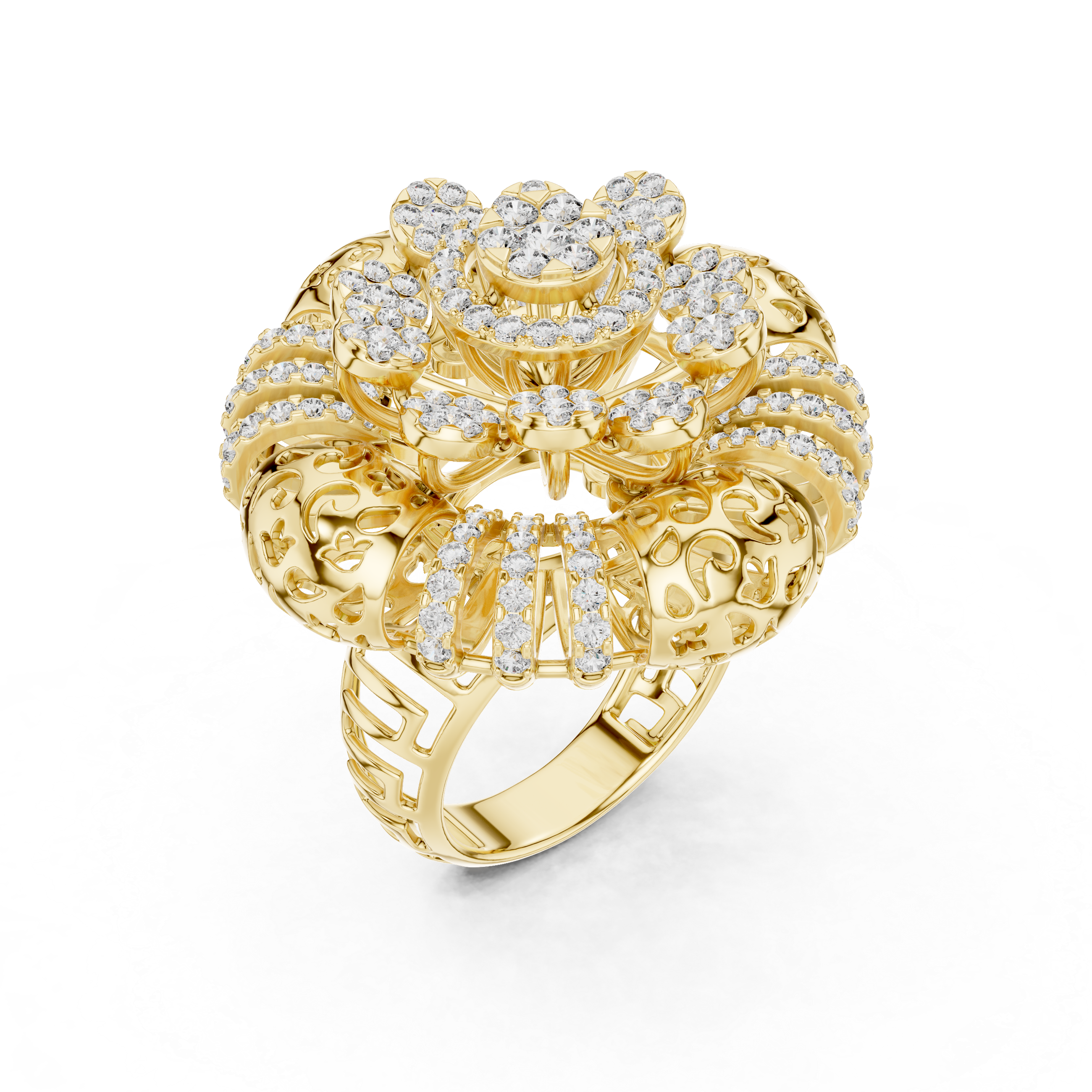 Ornate Floral Mandala Cocktail Ring with Multi-Tier Micro-Pave Details