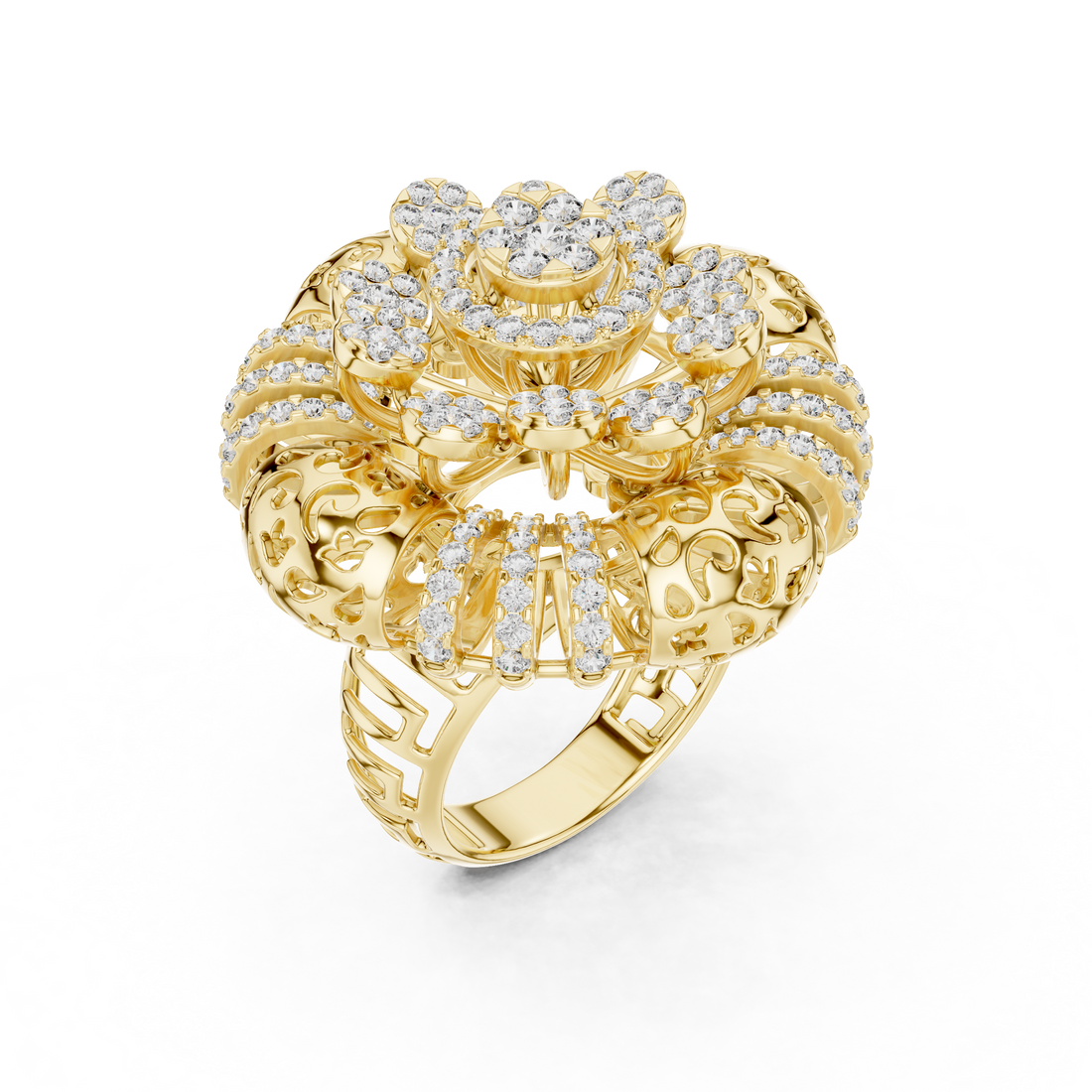 Ornate Floral Mandala Cocktail Ring with Multi-Tier Micro-Pave Details