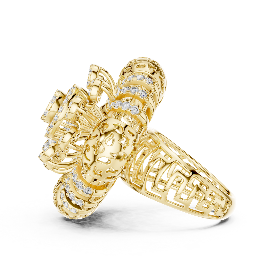 Ornate Floral Mandala Cocktail Ring with Multi-Tier Micro-Pave Details