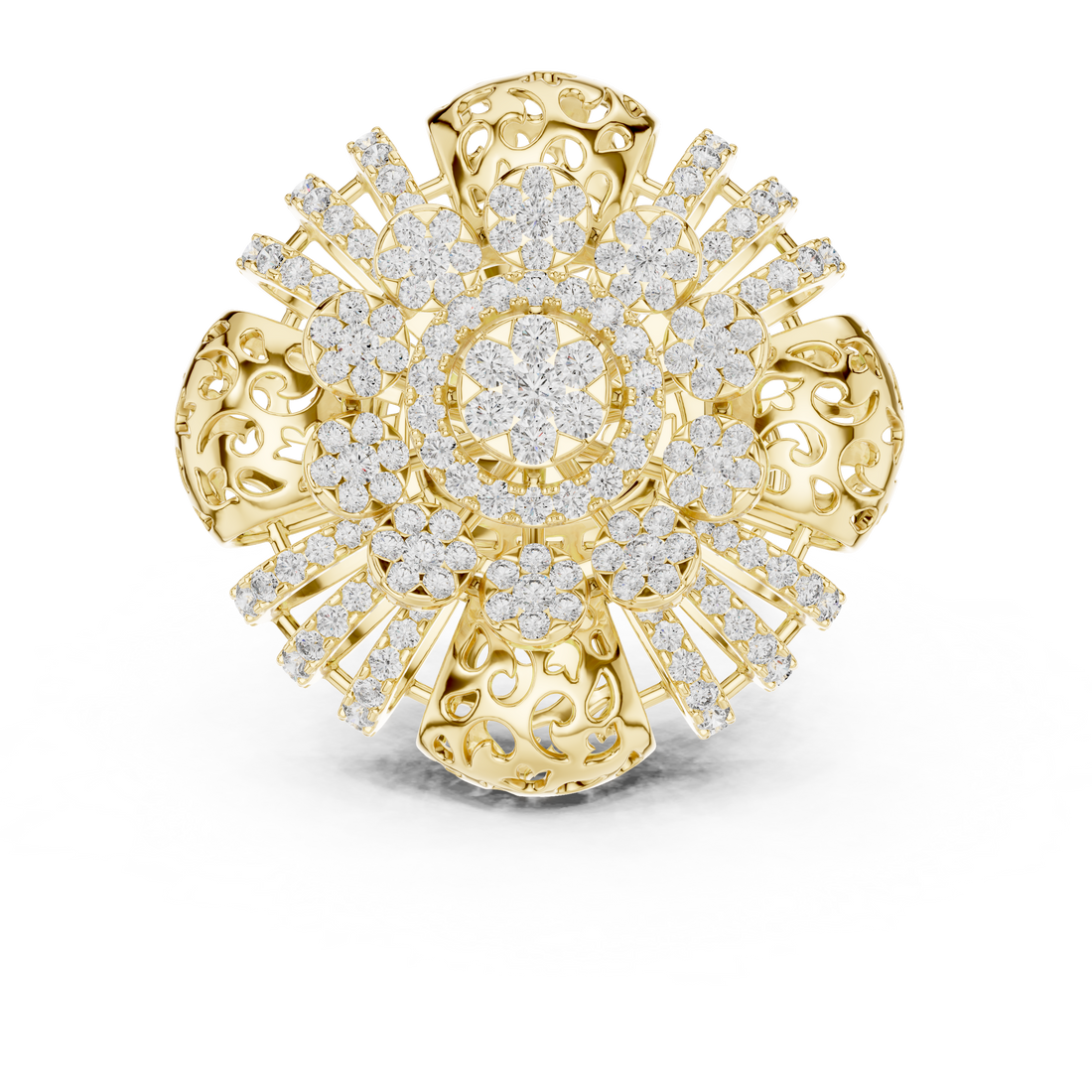 Ornate Floral Mandala Cocktail Ring with Multi-Tier Micro-Pave Details