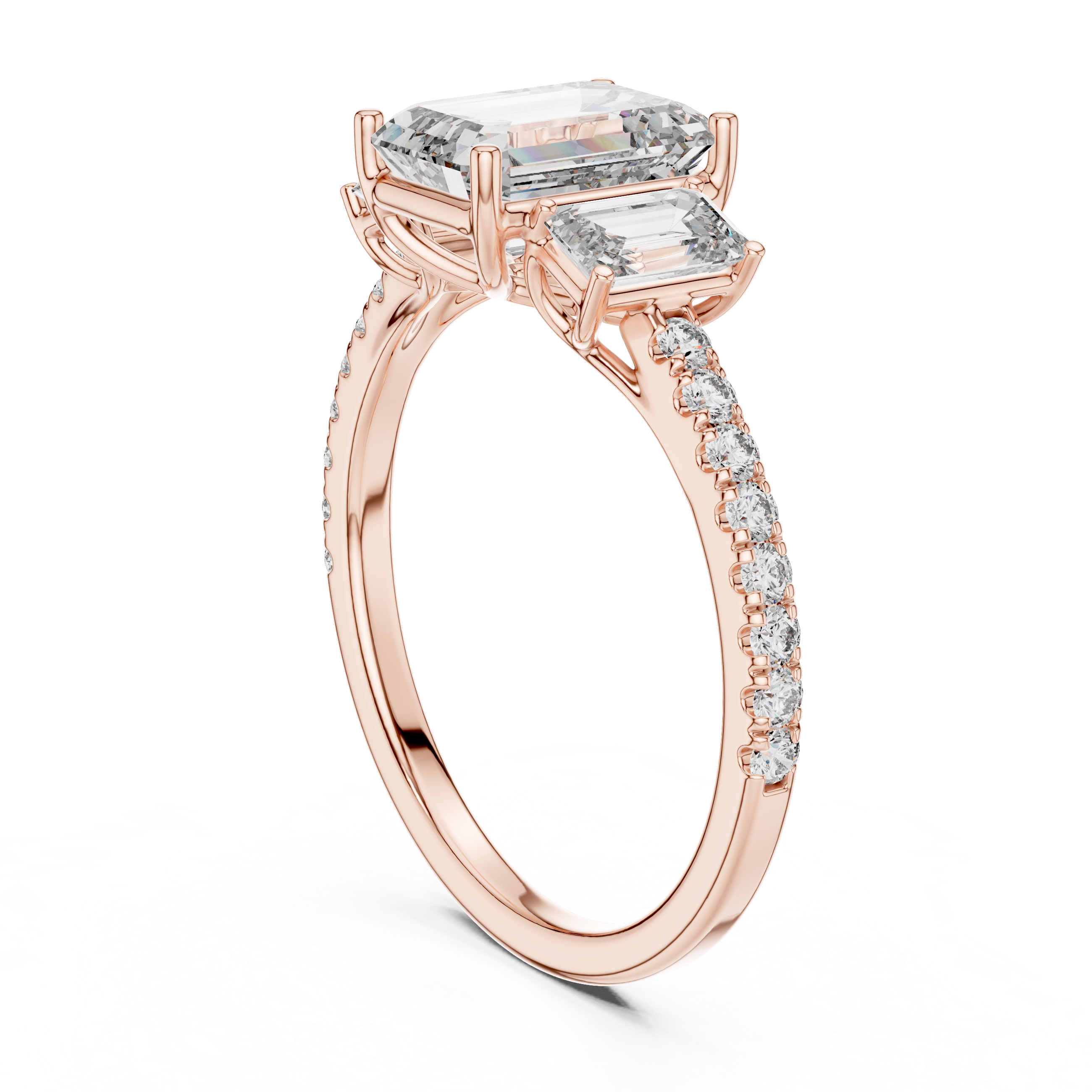 Three-Stone Emerald-Cut Diamond Engagement Ring with U-Cut Pave Shank