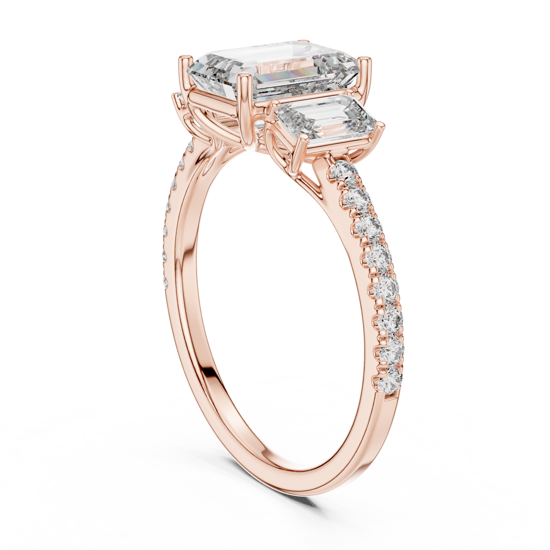 Three-Stone Emerald-Cut Diamond Engagement Ring with U-Cut Pave Shank
