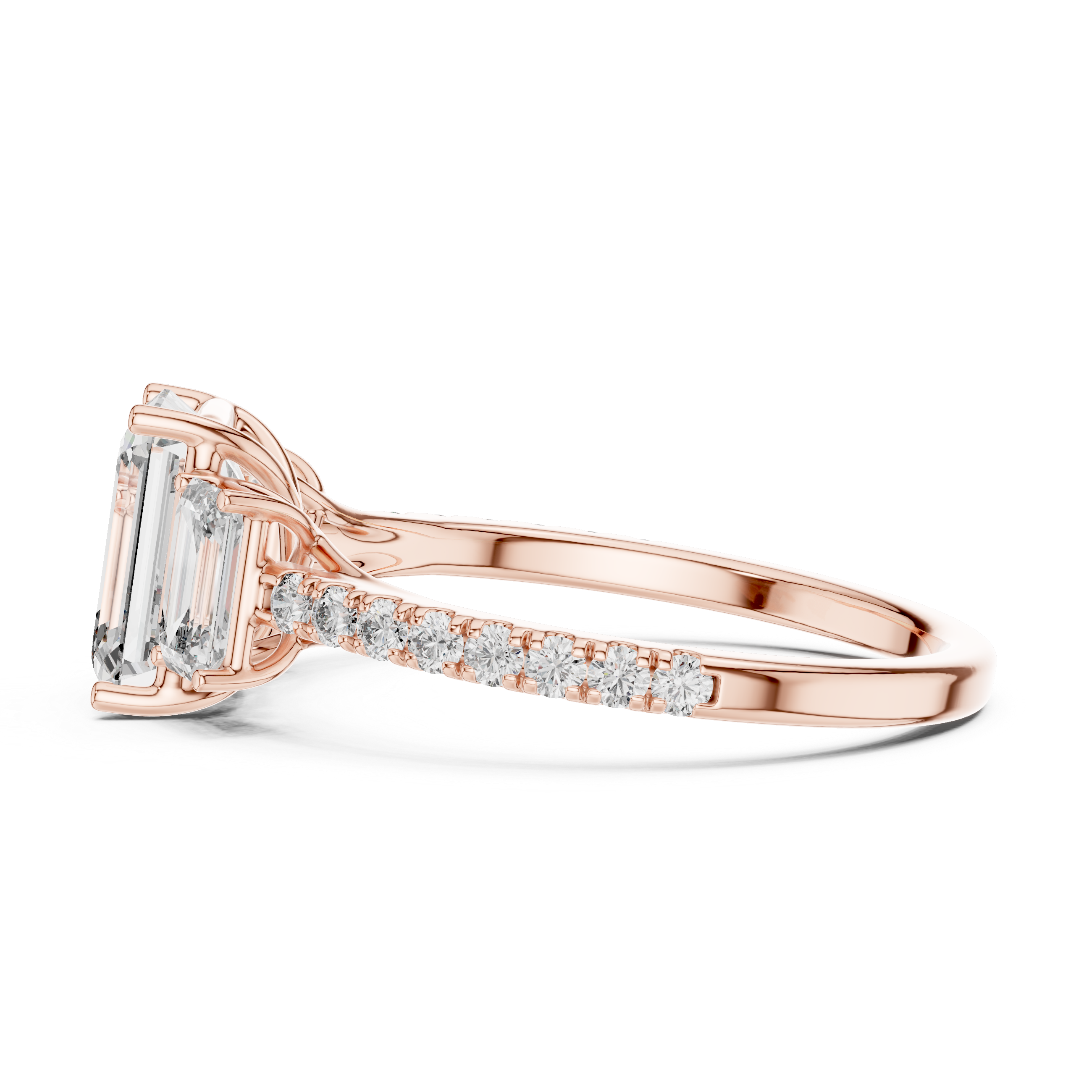 Three-Stone Emerald-Cut Diamond Engagement Ring with U-Cut Pave Shank