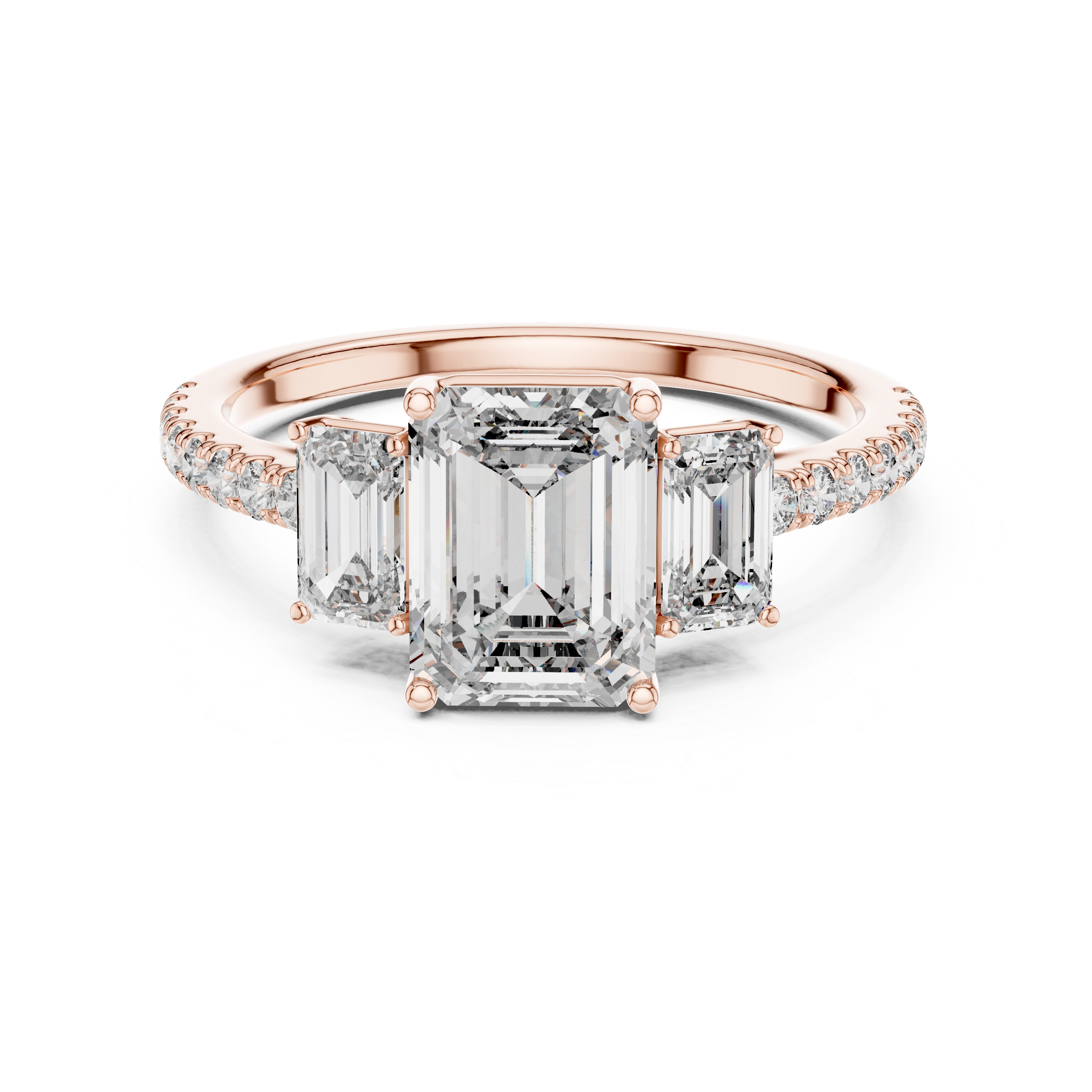 Three-Stone Emerald-Cut Diamond Engagement Ring with U-Cut Pave Shank