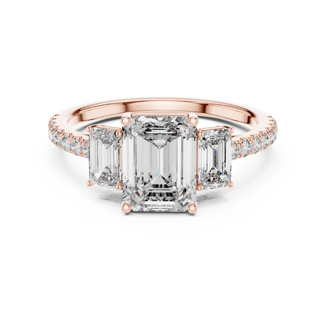 Three-Stone Emerald-Cut Diamond Engagement Ring with U-Cut Pave Shank