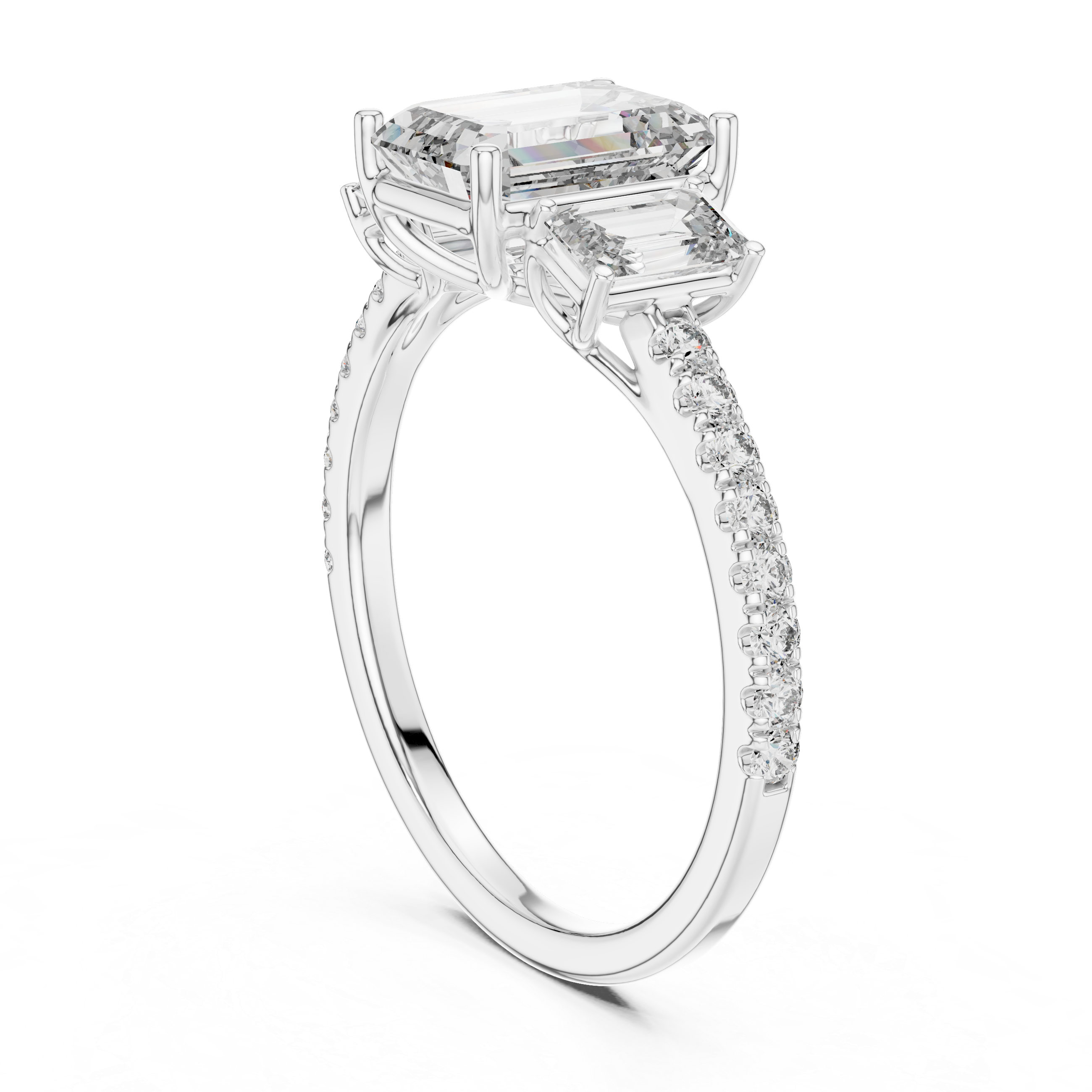 Three-Stone Emerald-Cut Diamond Engagement Ring with U-Cut Pave Shank