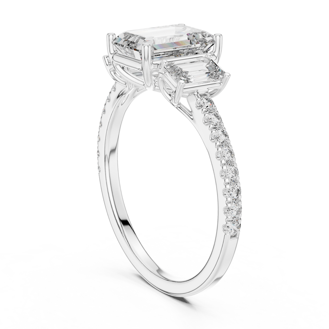 Three-Stone Emerald-Cut Diamond Engagement Ring with U-Cut Pave Shank