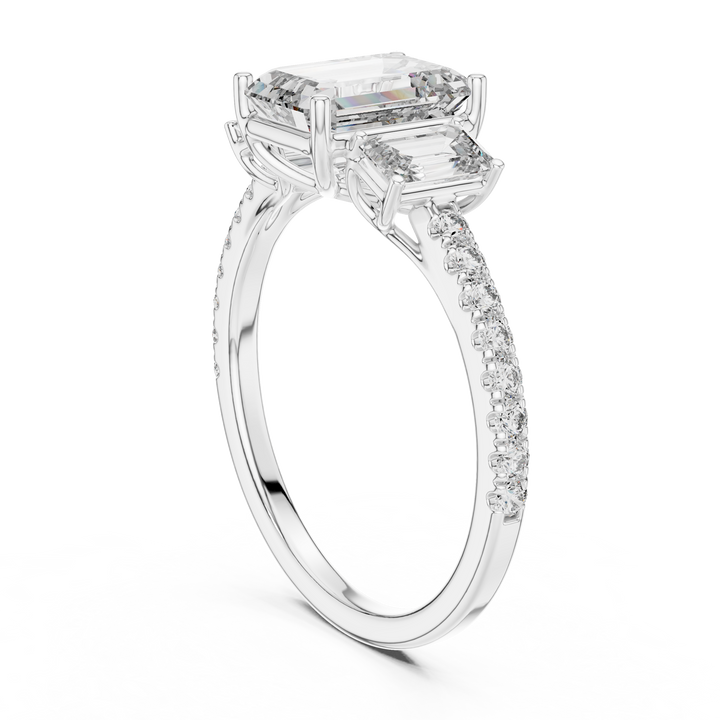 Three-Stone Emerald-Cut Diamond Engagement Ring with U-Cut Pave Shank