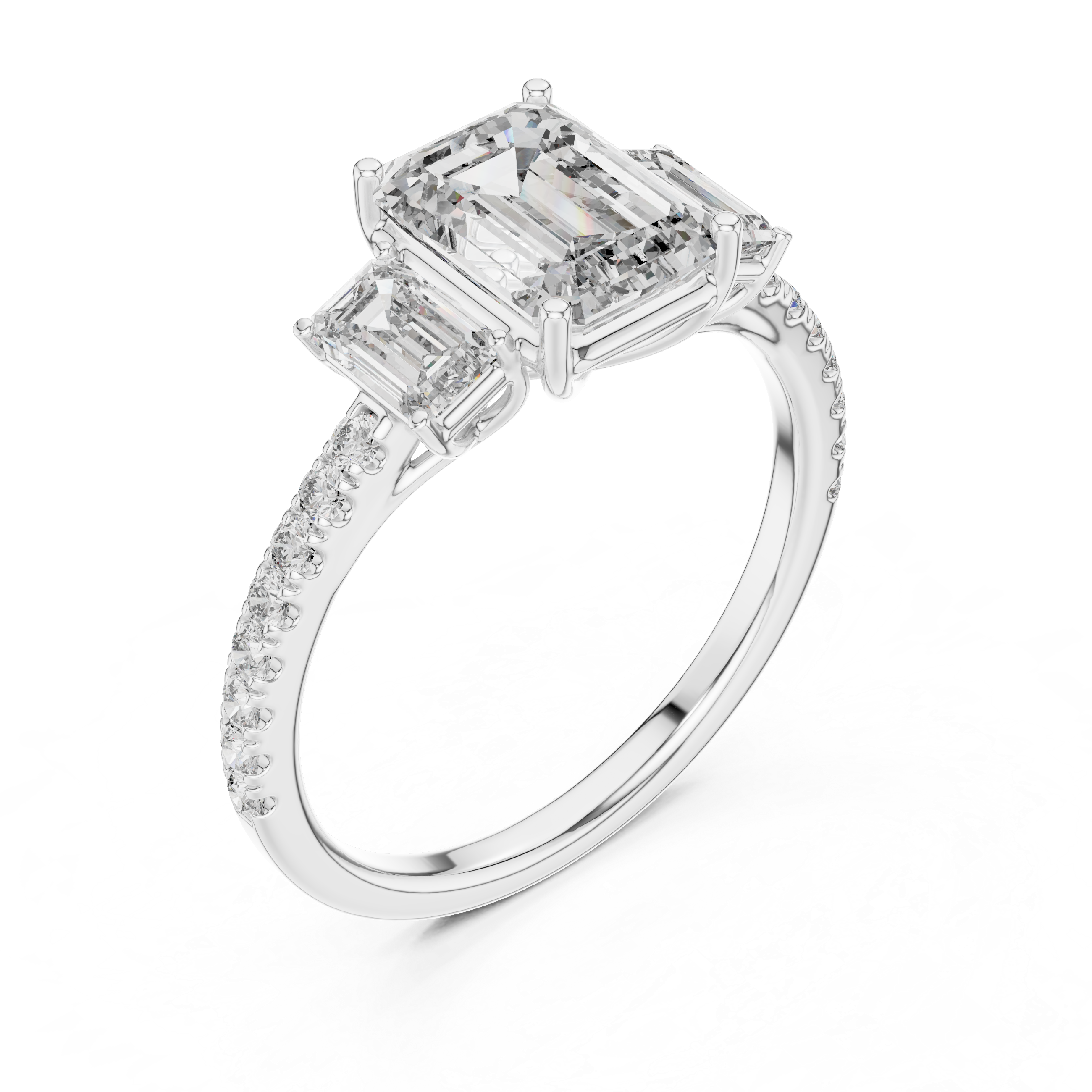Three-Stone Emerald-Cut Diamond Engagement Ring with U-Cut Pave Shank