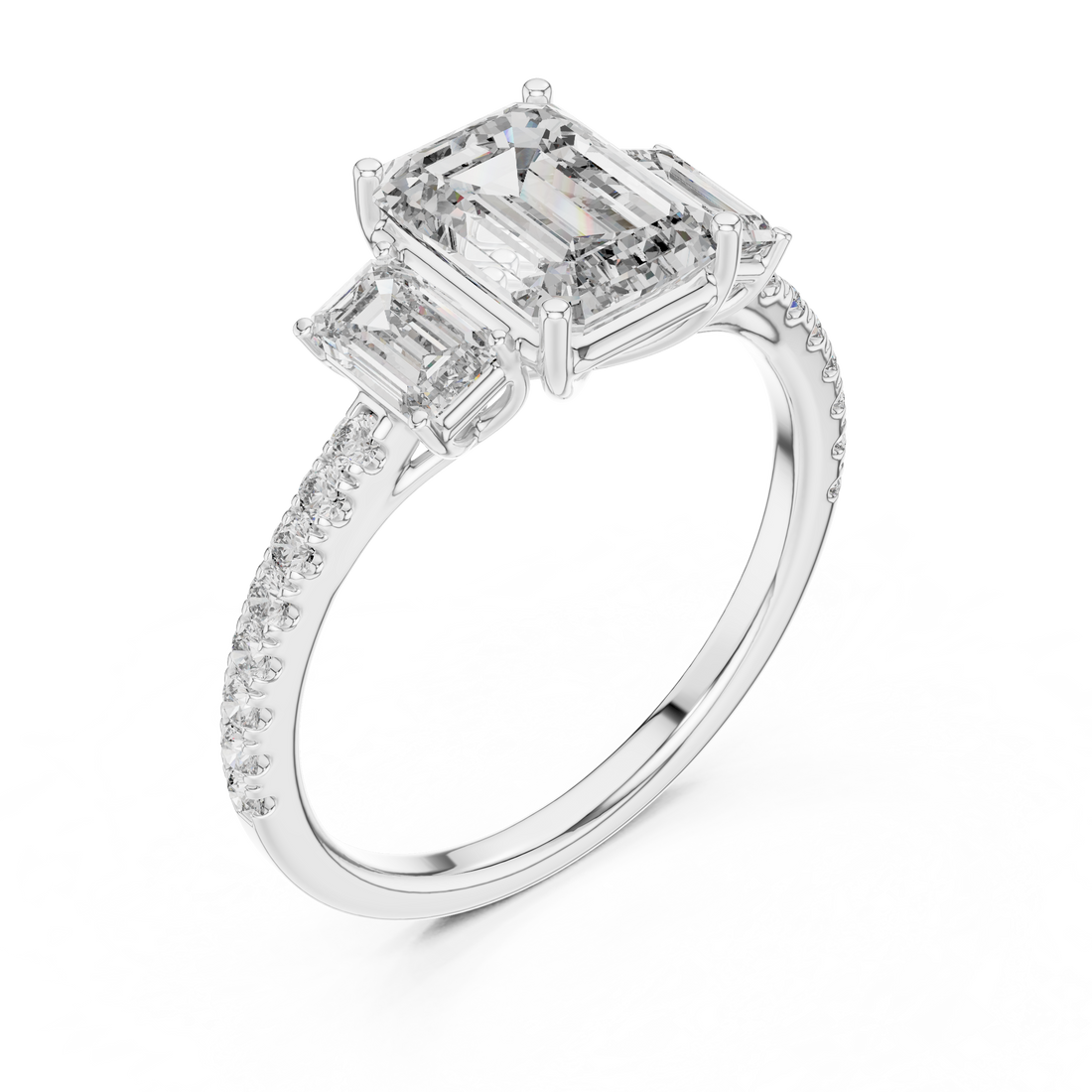 Three-Stone Emerald-Cut Diamond Engagement Ring with U-Cut Pave Shank