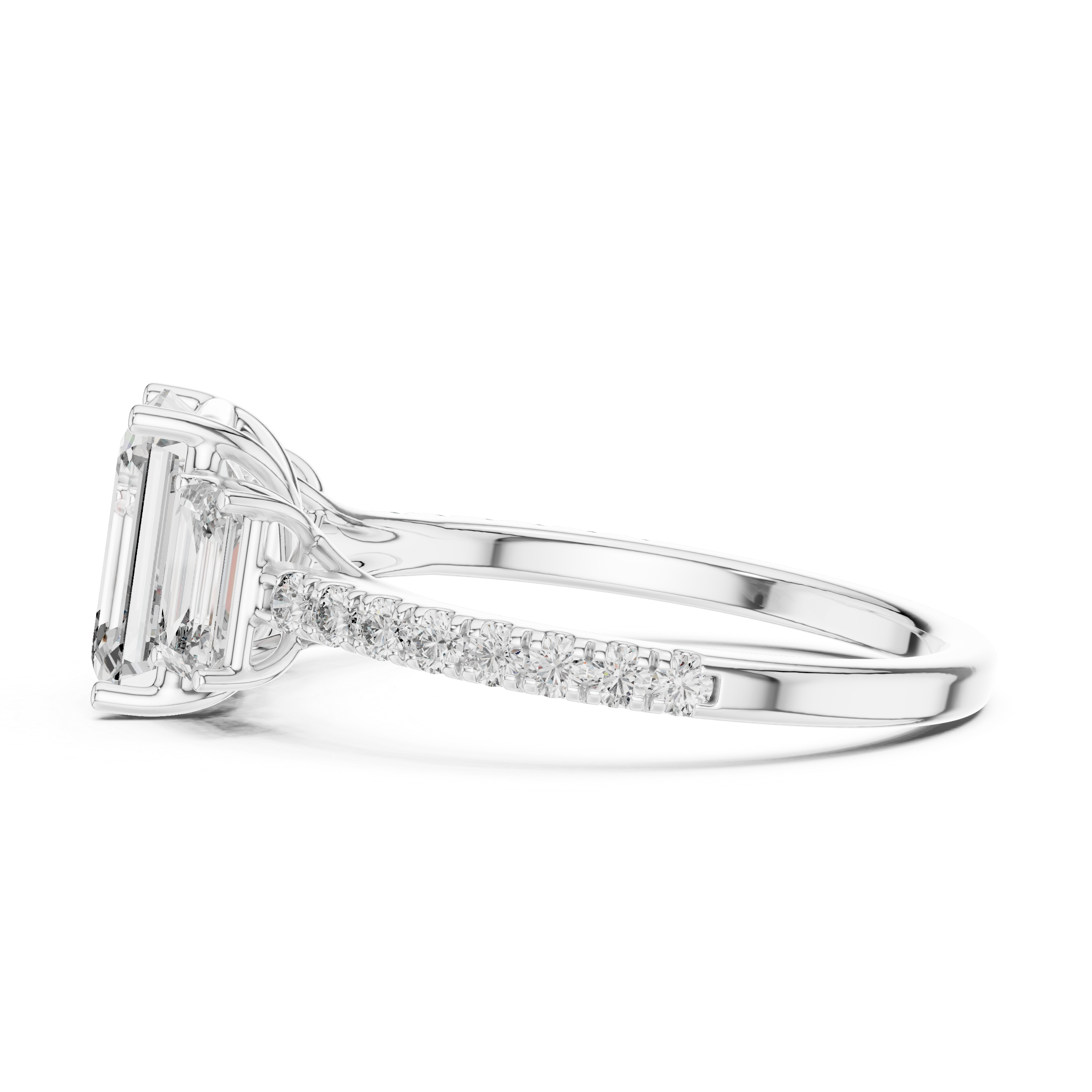Three-Stone Emerald-Cut Diamond Engagement Ring with U-Cut Pave Shank