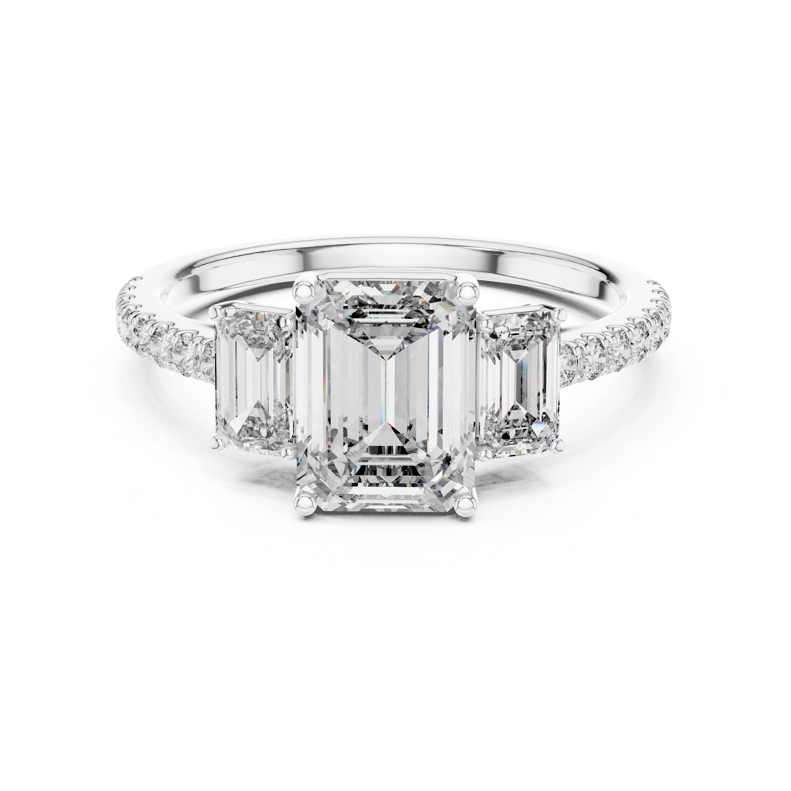Three-Stone Emerald-Cut Diamond Engagement Ring with U-Cut Pave Shank