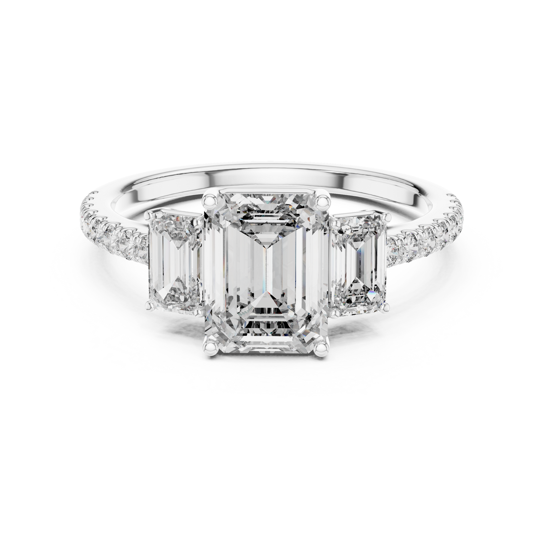 Three-Stone Emerald-Cut Diamond Engagement Ring with U-Cut Pave Shank