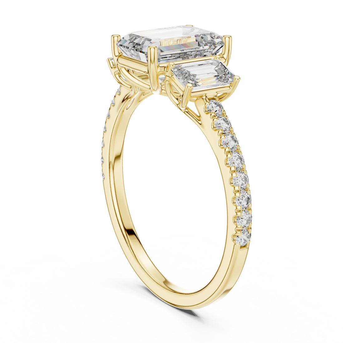 Three-Stone Emerald-Cut Diamond Engagement Ring with U-Cut Pave Shank