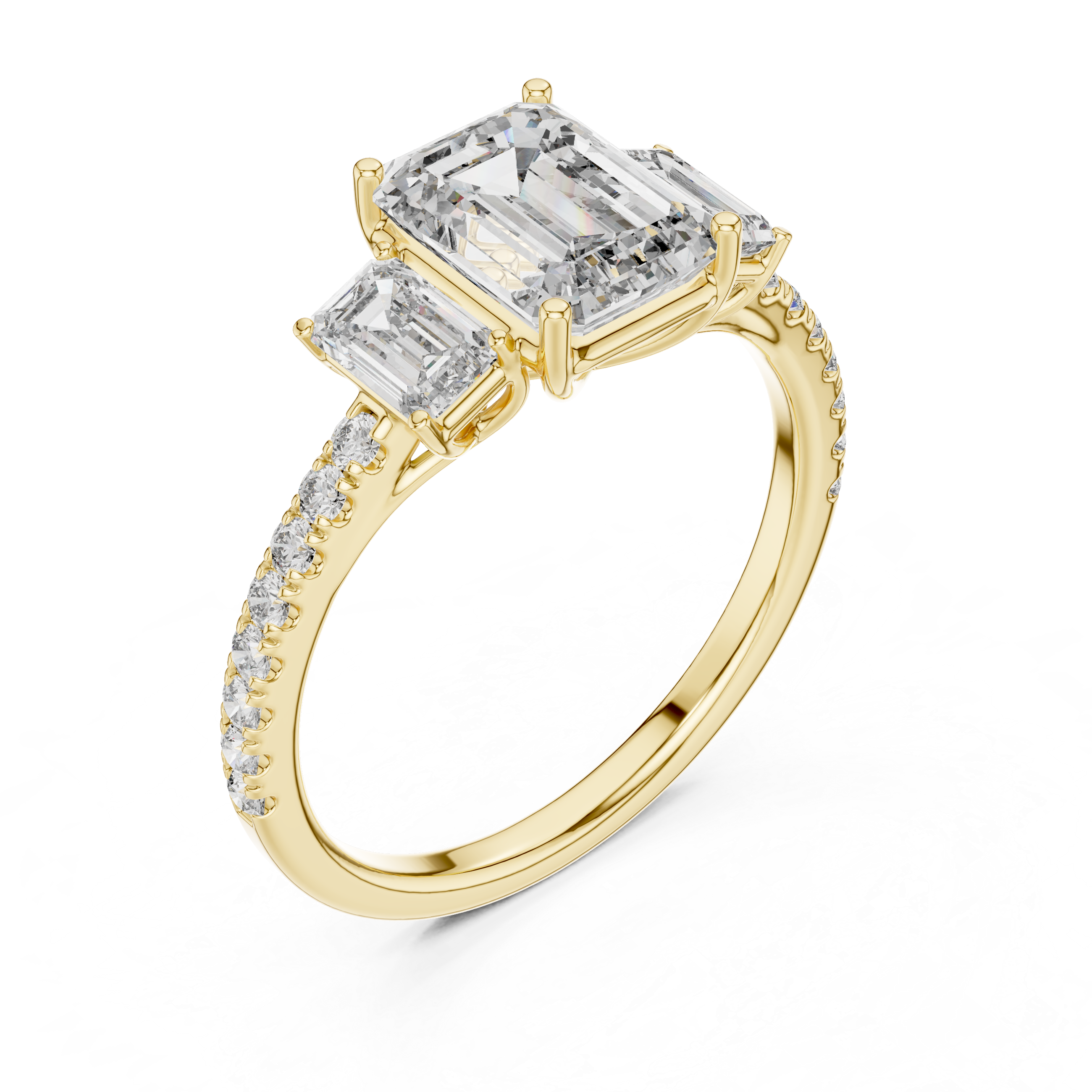 Three-Stone Emerald-Cut Diamond Engagement Ring with U-Cut Pave Shank