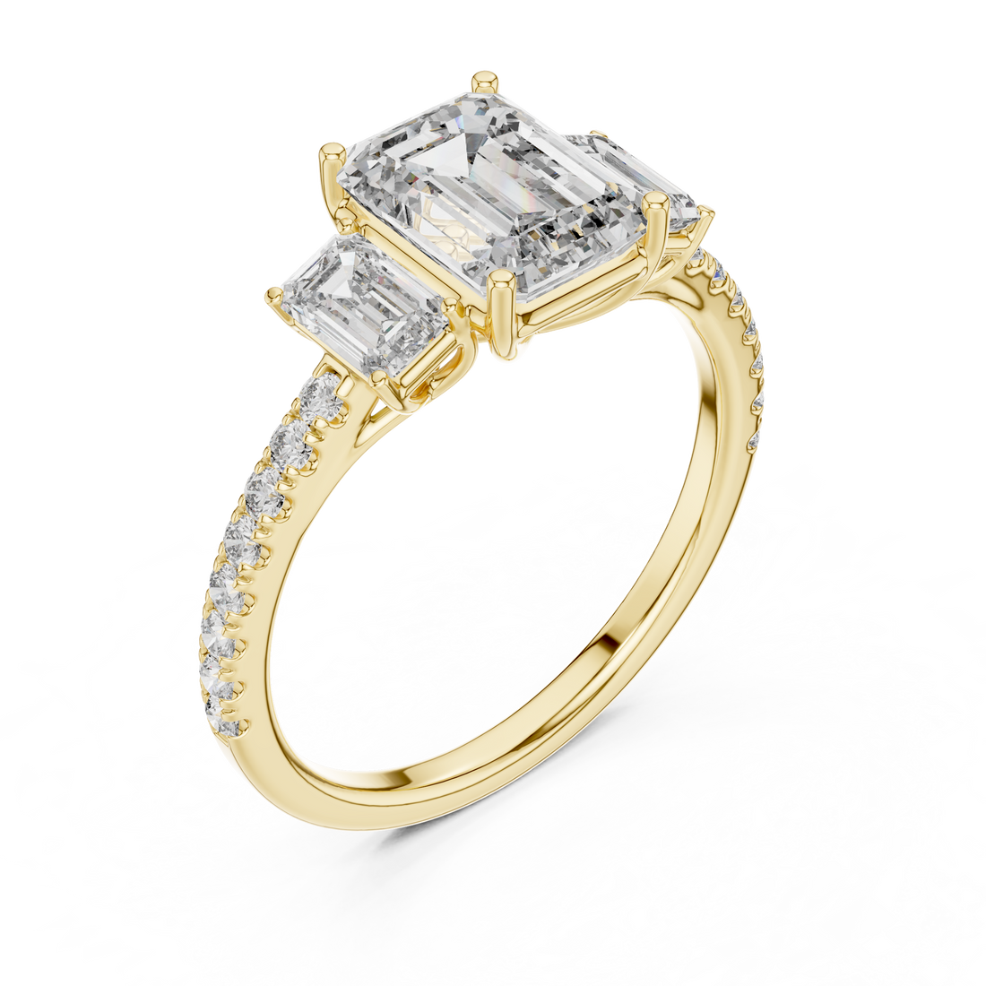 Three-Stone Emerald-Cut Diamond Engagement Ring with U-Cut Pave Shank