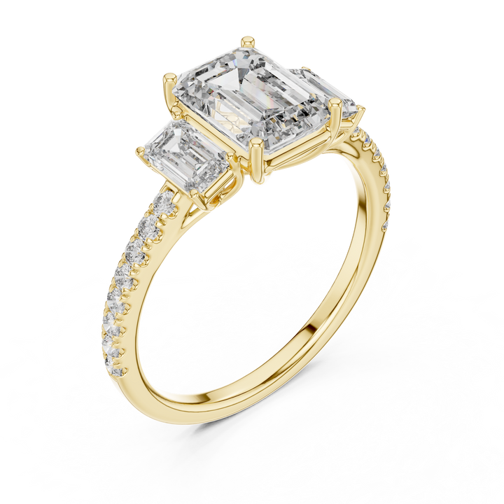 Three-Stone Emerald-Cut Diamond Engagement Ring with U-Cut Pave Shank