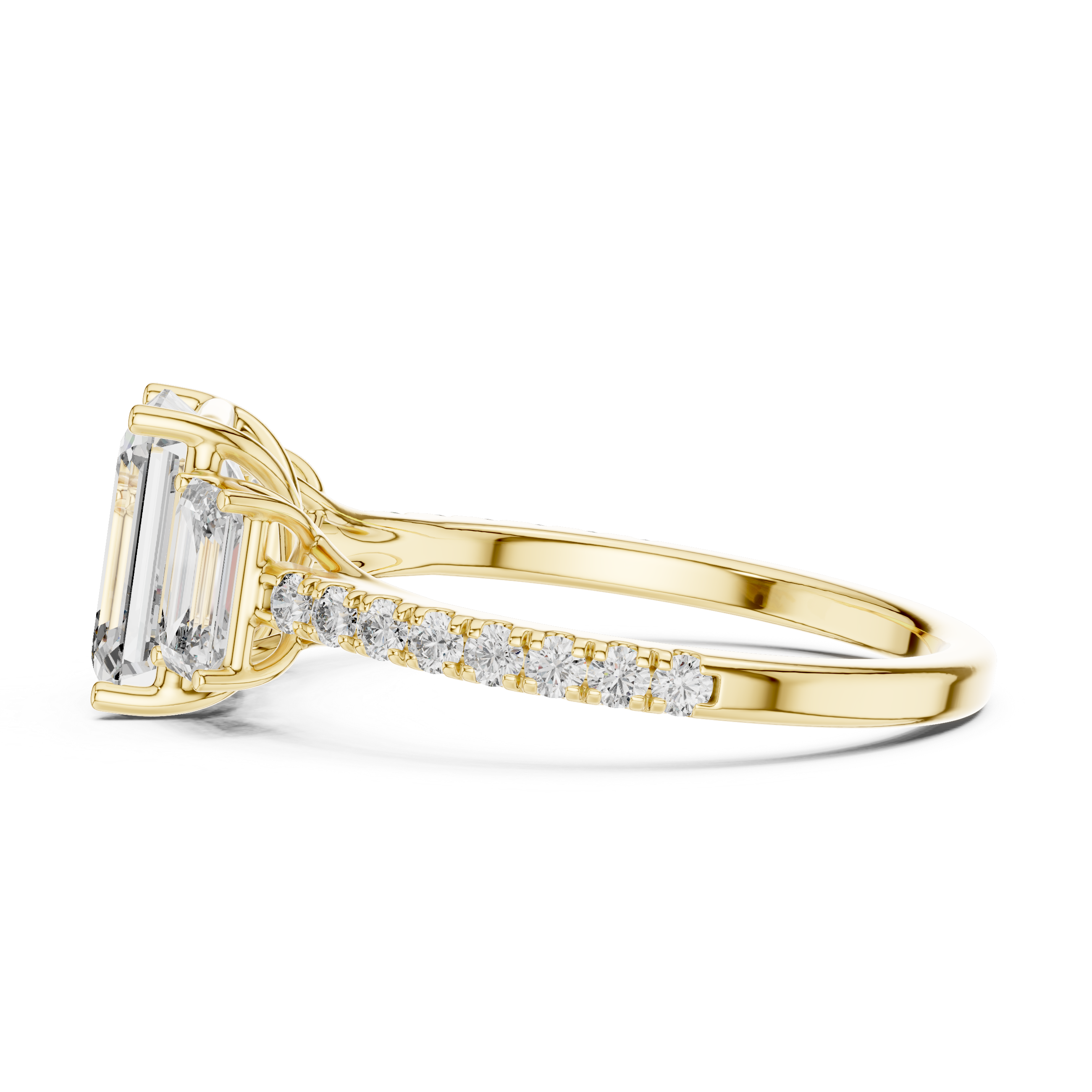 Three-Stone Emerald-Cut Diamond Engagement Ring with U-Cut Pave Shank