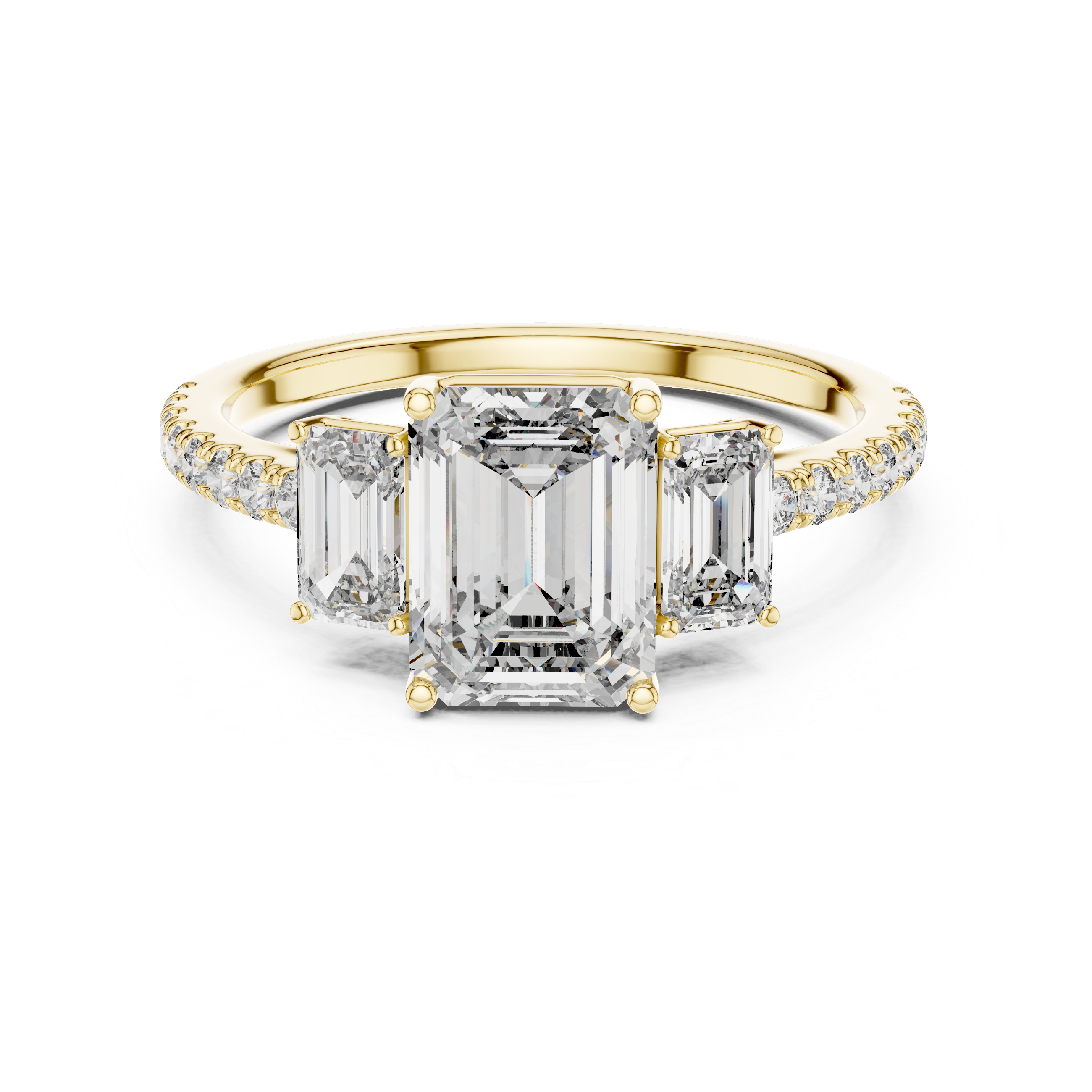 Three-Stone Emerald-Cut Diamond Engagement Ring with U-Cut Pave Shank