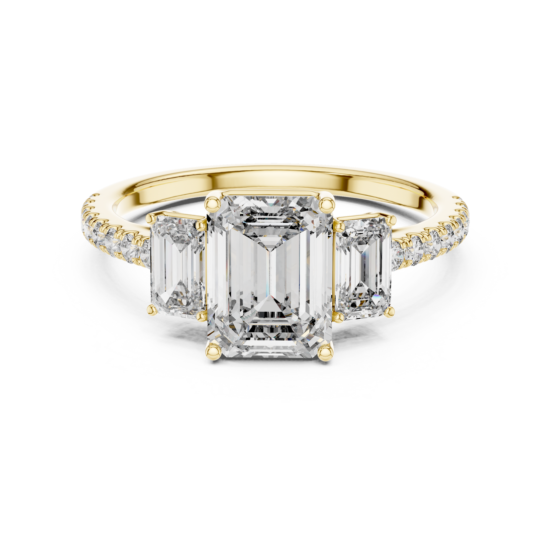 Three-Stone Emerald-Cut Diamond Engagement Ring with U-Cut Pave Shank