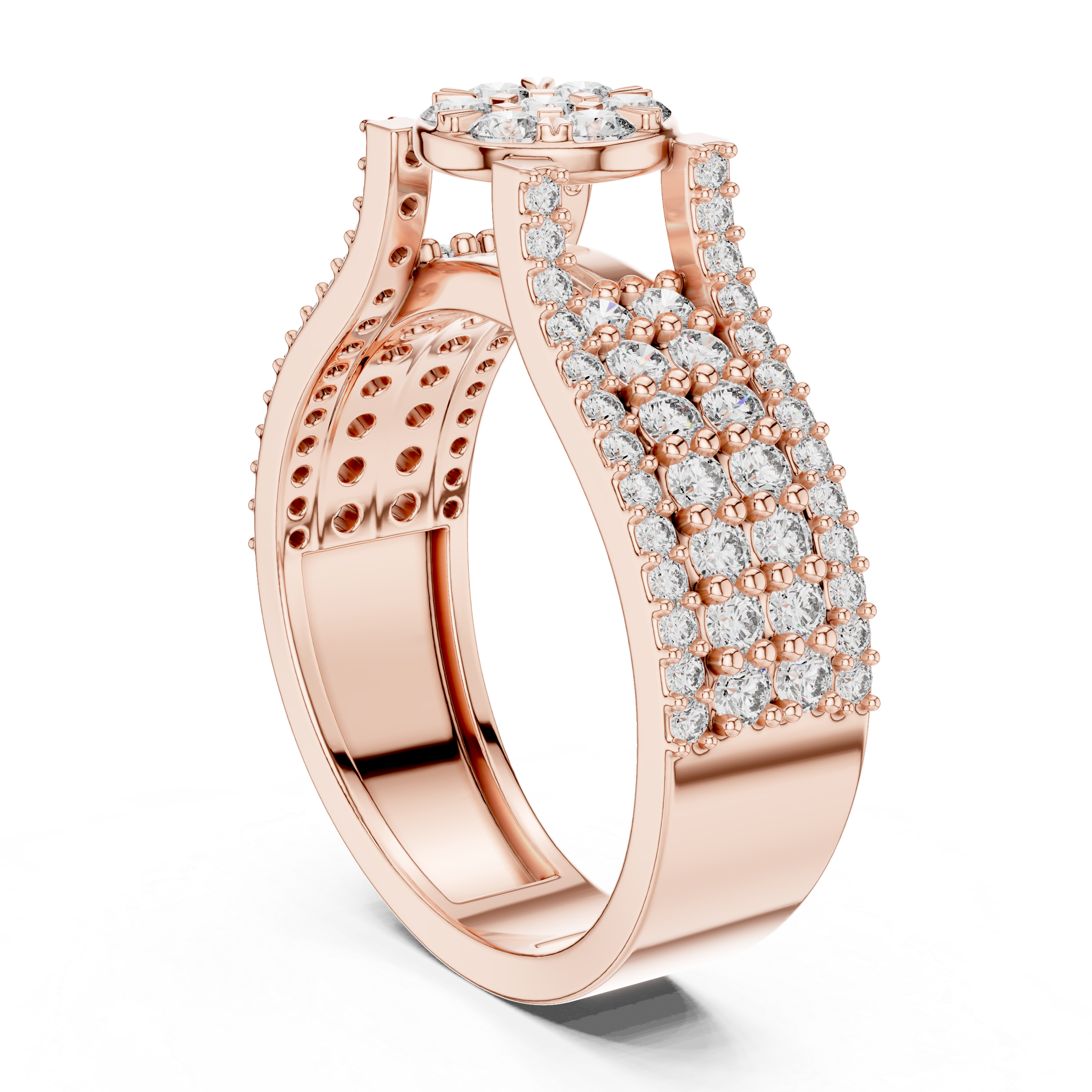 Round Floral Cluster Ring with Multi-Row Pave Band