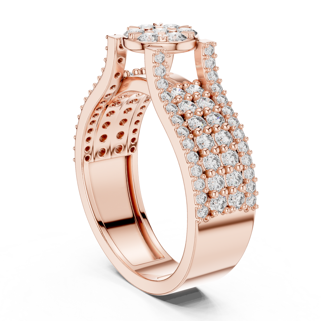 Round Floral Cluster Ring with Multi-Row Pave Band