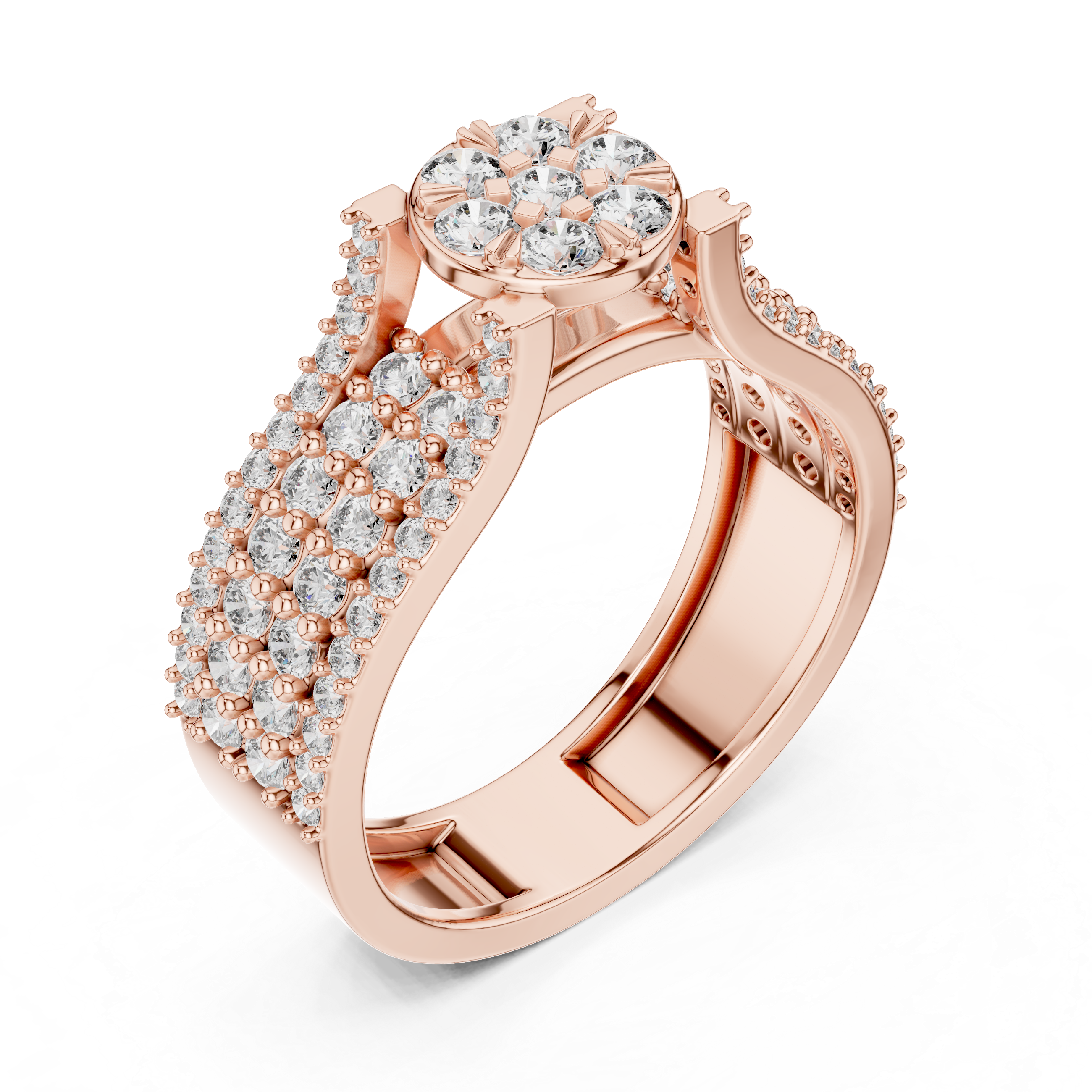 Round Floral Cluster Ring with Multi-Row Pave Band