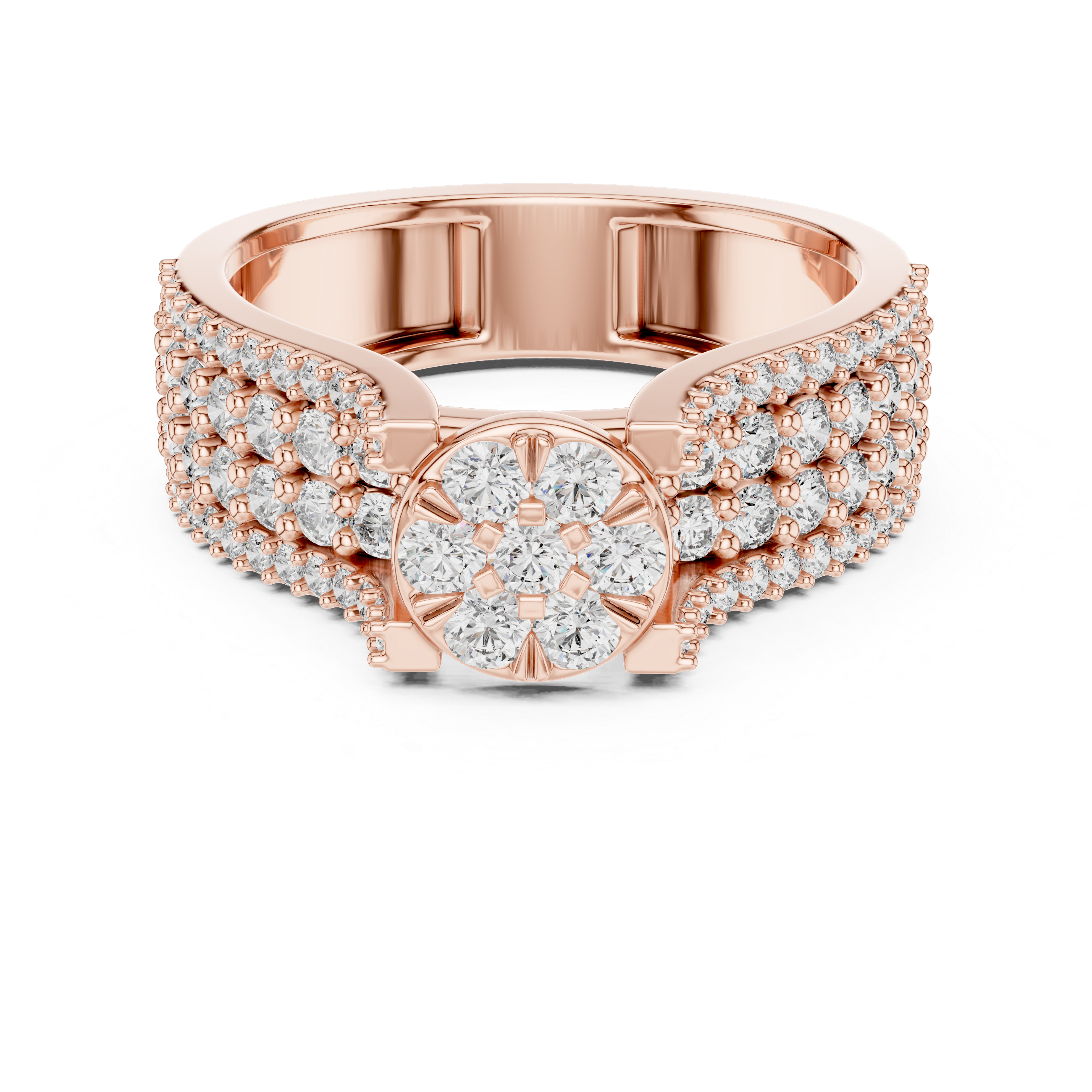 Round Floral Cluster Ring with Multi-Row Pave Band