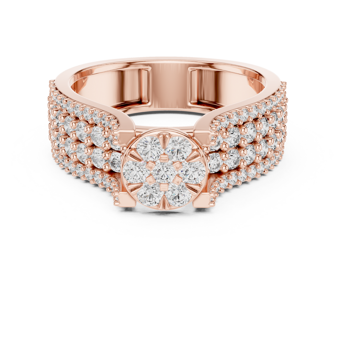 Round Floral Cluster Ring with Multi-Row Pave Band