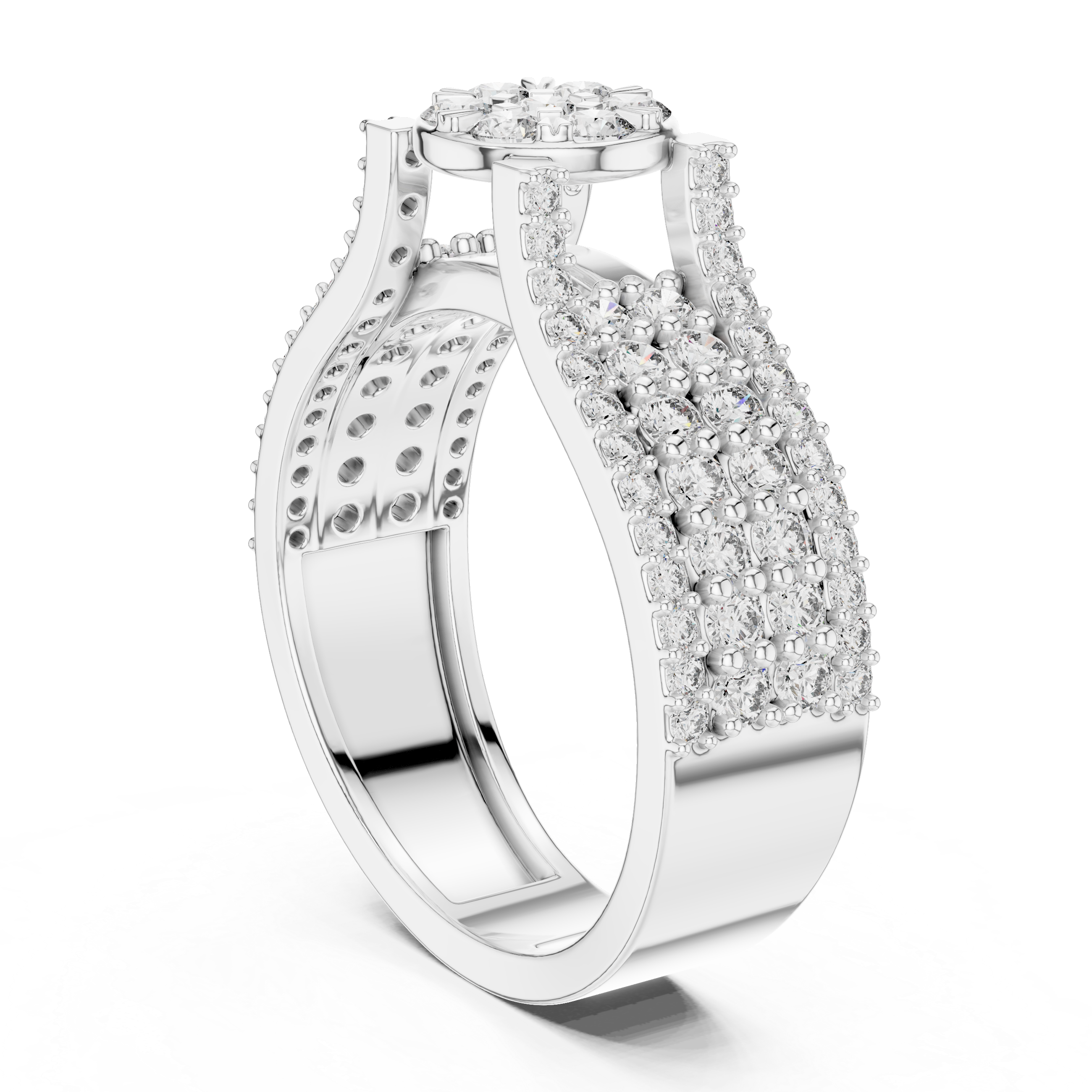 Round Floral Cluster Ring with Multi-Row Pave Band