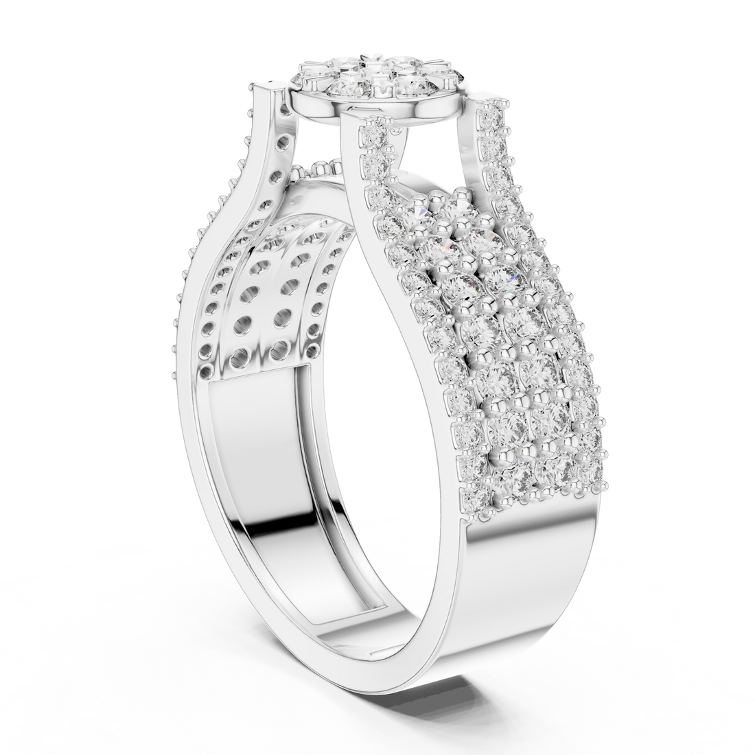Round Floral Cluster Ring with Multi-Row Pave Band