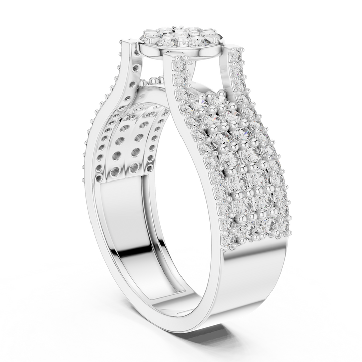 Round Floral Cluster Ring with Multi-Row Pave Band