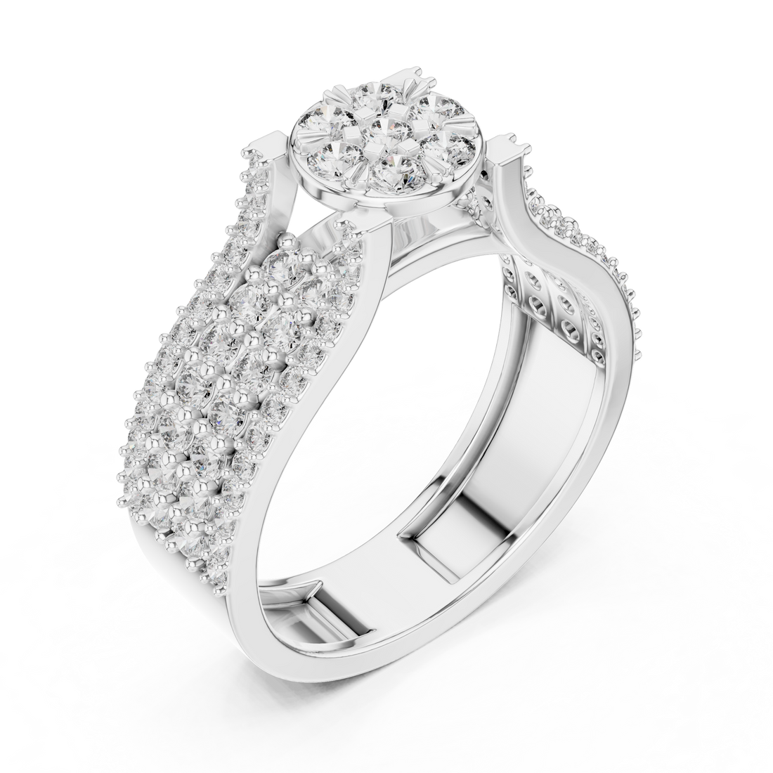 Round Floral Cluster Ring with Multi-Row Pave Band