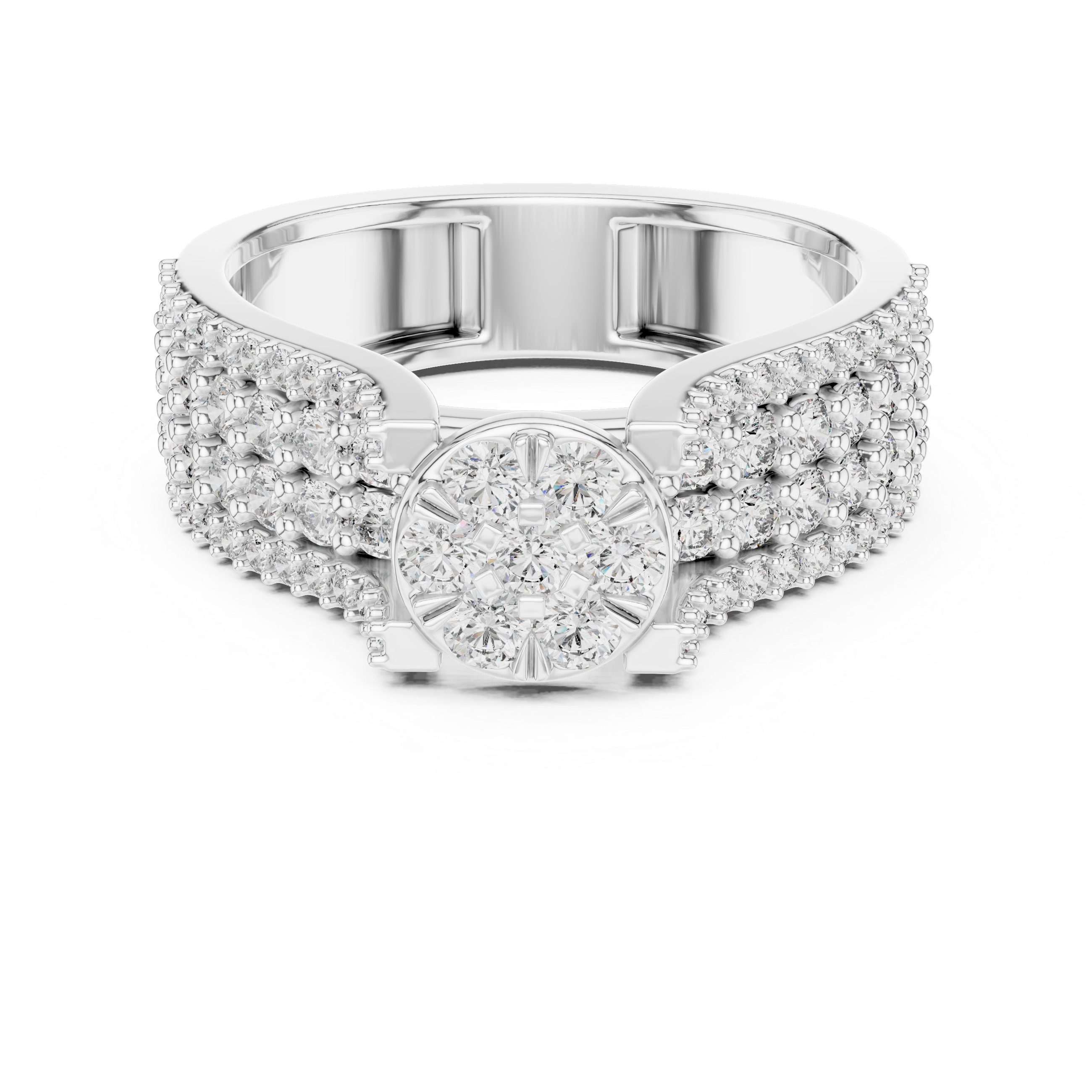 Round Floral Cluster Ring with Multi-Row Pave Band