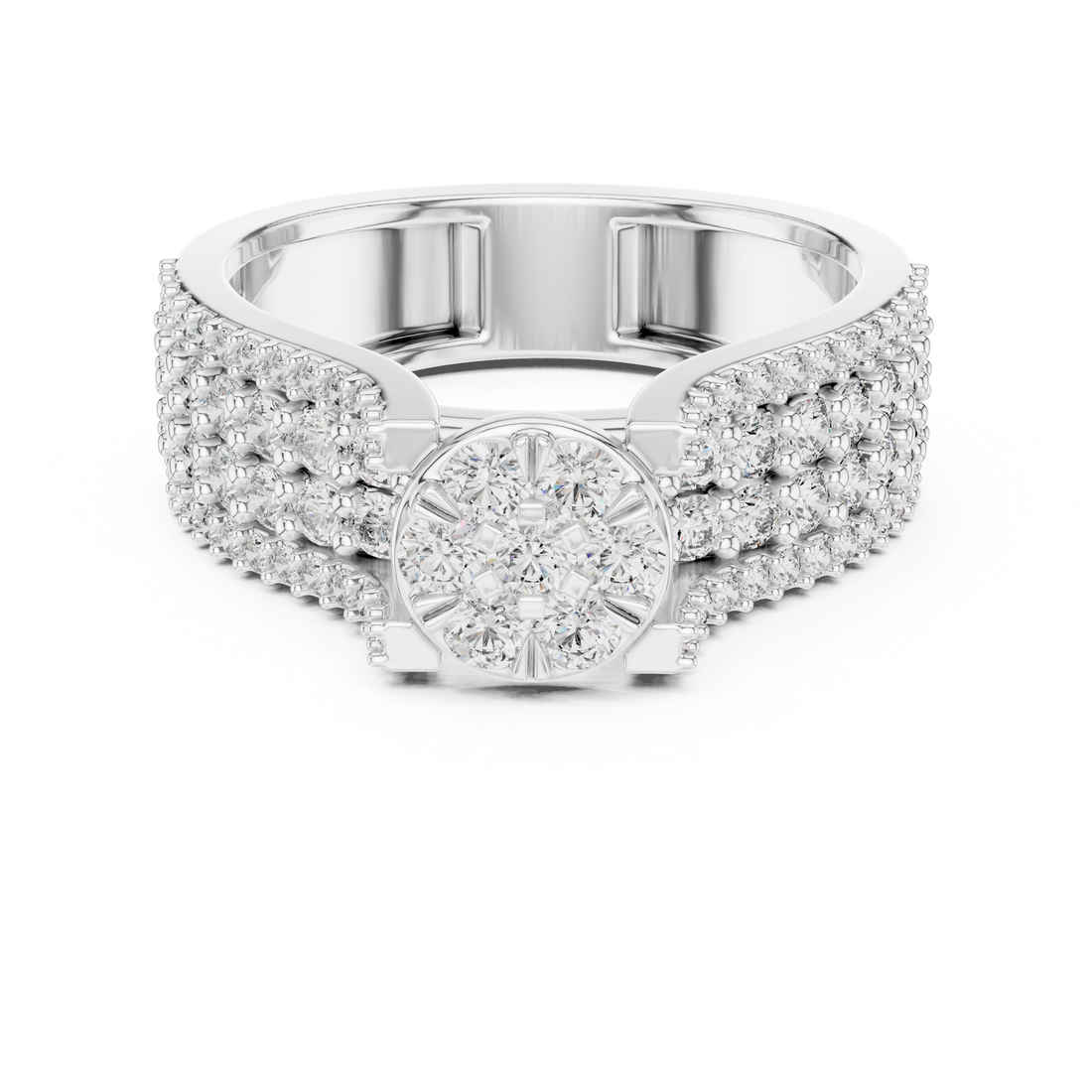 Round Floral Cluster Ring with Multi-Row Pave Band