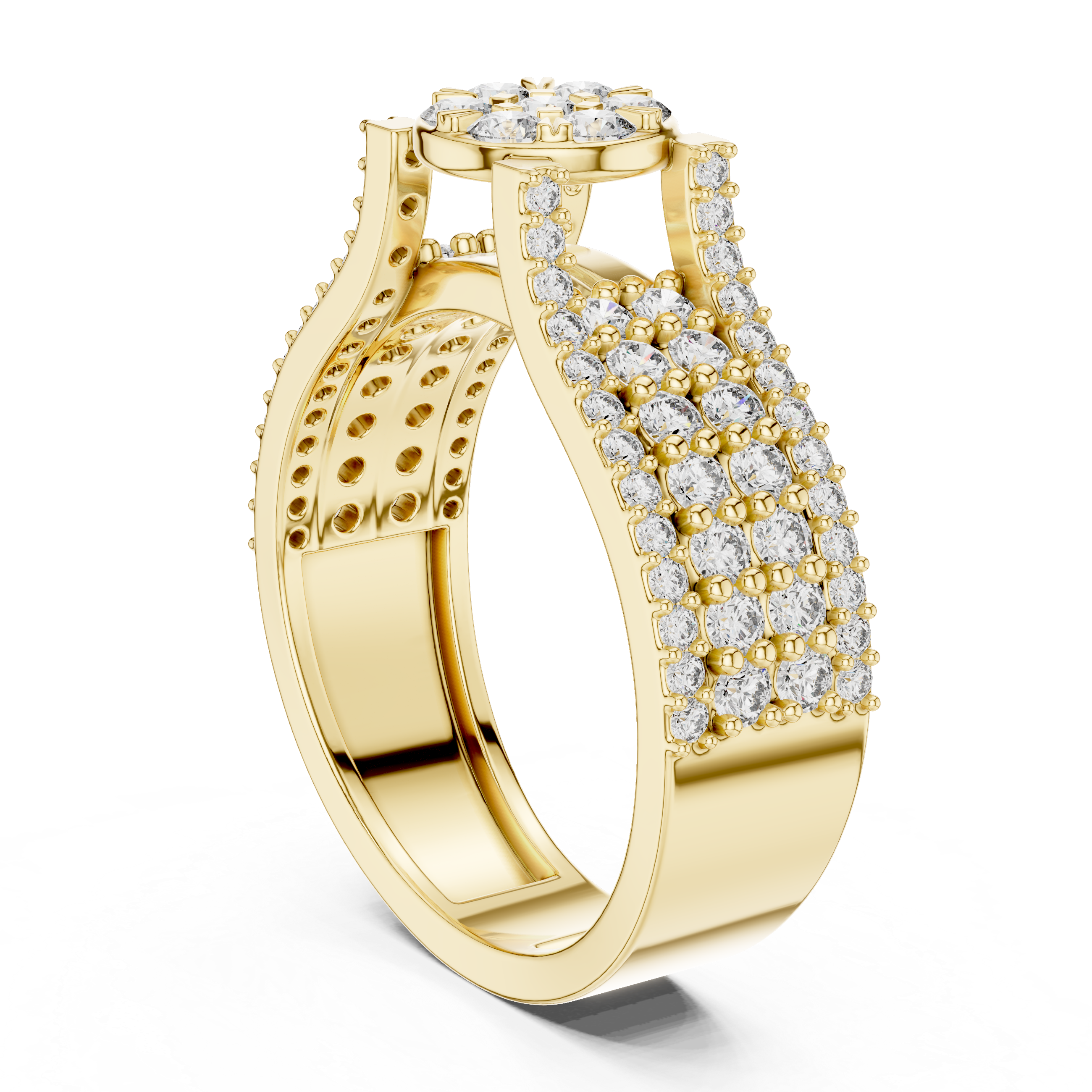 Round Floral Cluster Ring with Multi-Row Pave Band