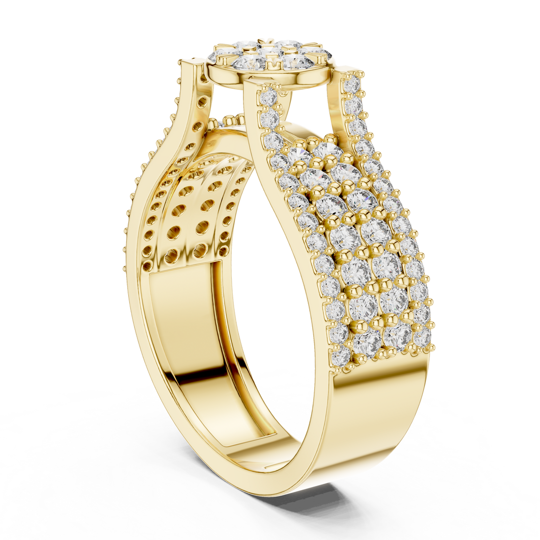 Round Floral Cluster Ring with Multi-Row Pave Band