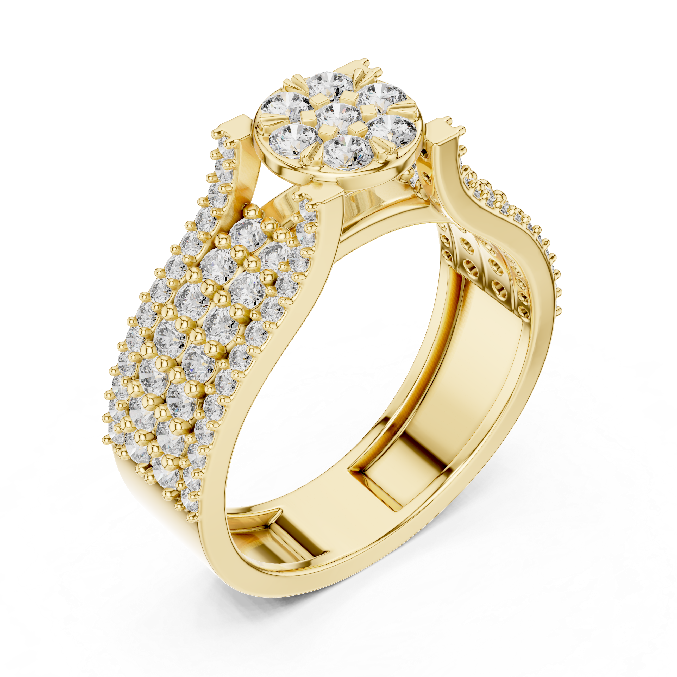 Round Floral Cluster Ring with Multi-Row Pave Band