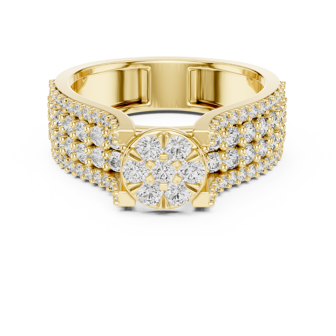 Round Floral Cluster Ring with Multi-Row Pave Band