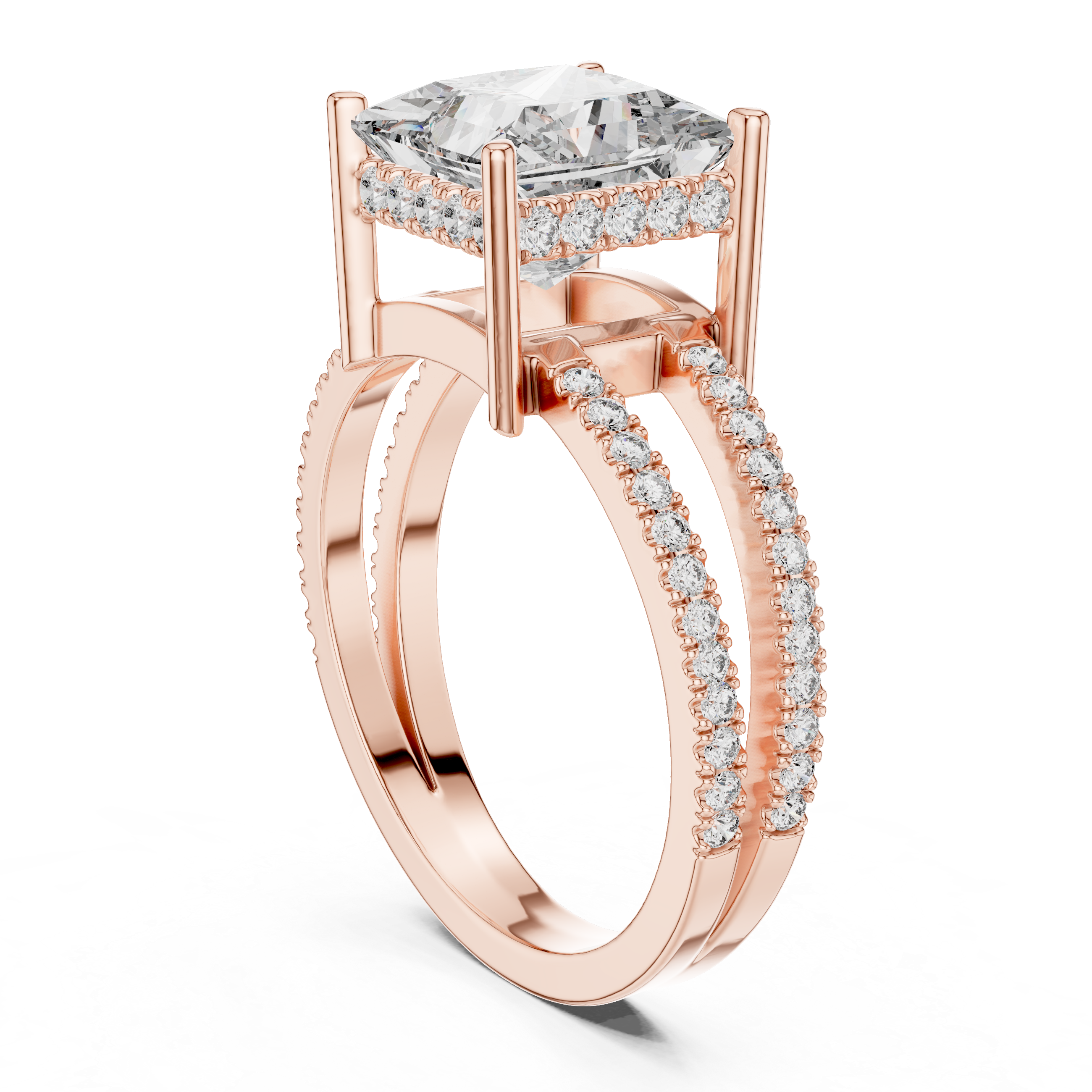 Princess Cut Solitaire Engagement Ring with Split Pave Shank & Collar Accent