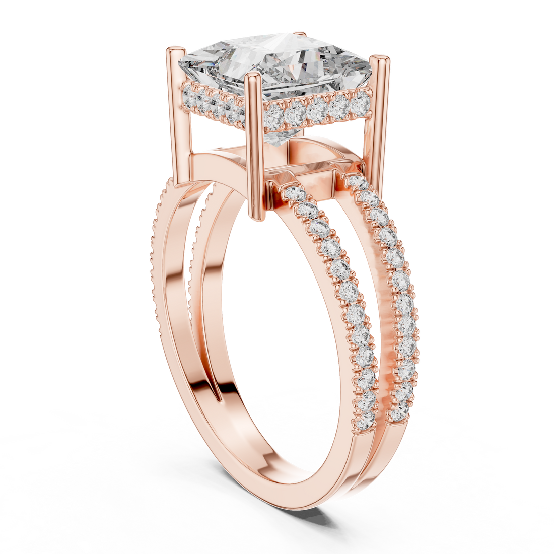 Princess Cut Solitaire Engagement Ring with Split Pave Shank & Collar Accent