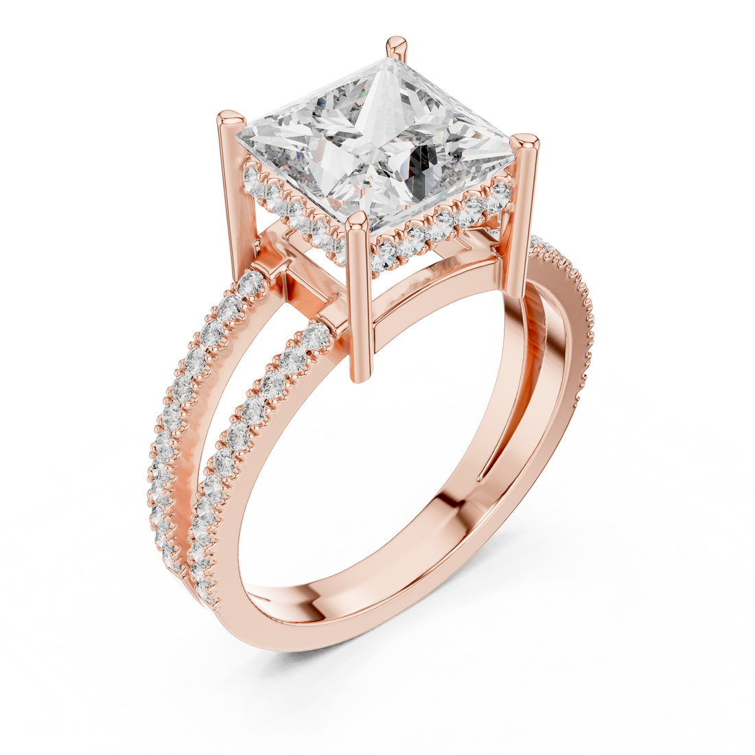 Princess Cut Solitaire Engagement Ring with Split Pave Shank & Collar Accent