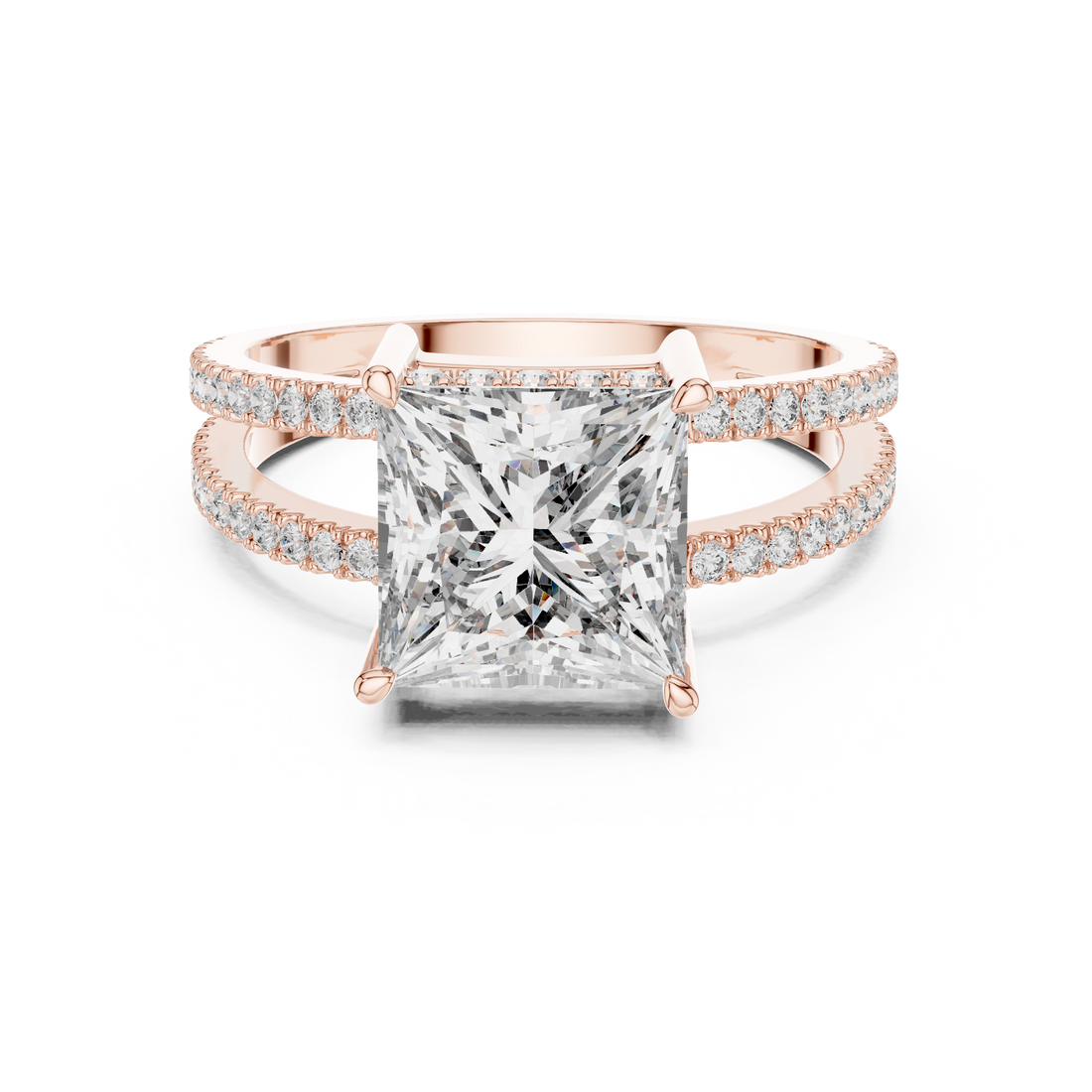 Princess Cut Solitaire Engagement Ring with Split Pave Shank & Collar Accent