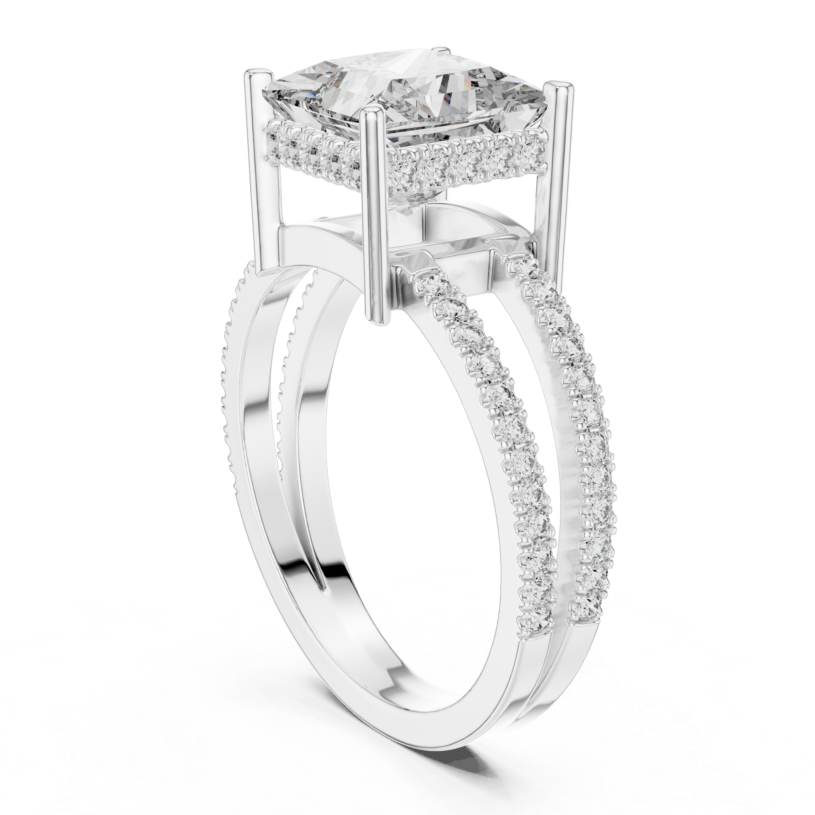 Princess Cut Solitaire Engagement Ring with Split Pave Shank & Collar Accent