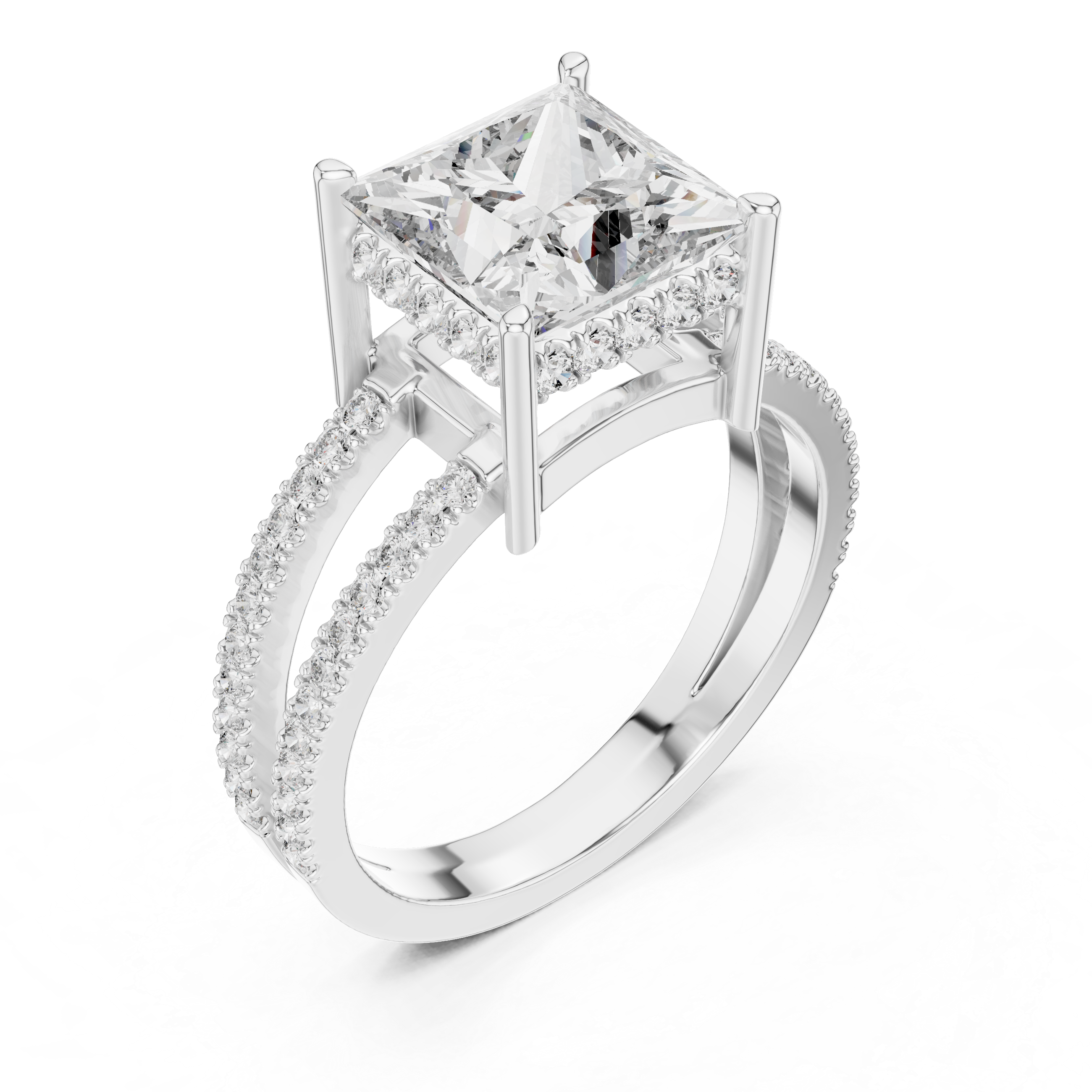 Princess Cut Solitaire Engagement Ring with Split Pave Shank & Collar Accent