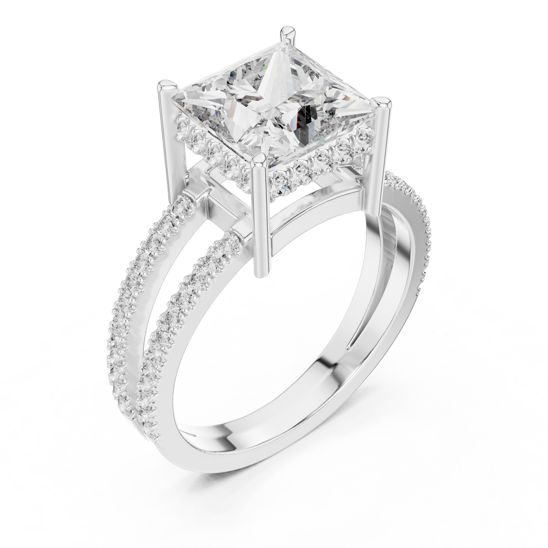 Princess Cut Solitaire Engagement Ring with Split Pave Shank & Collar Accent